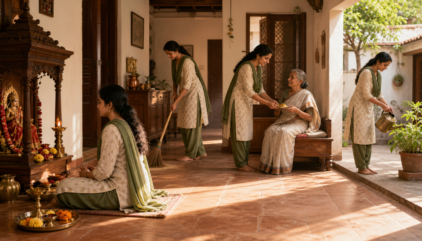 A household devotional scene connects prayer at a simple Devi shrine with sweeping, serving food to an elder, and watering a plant.