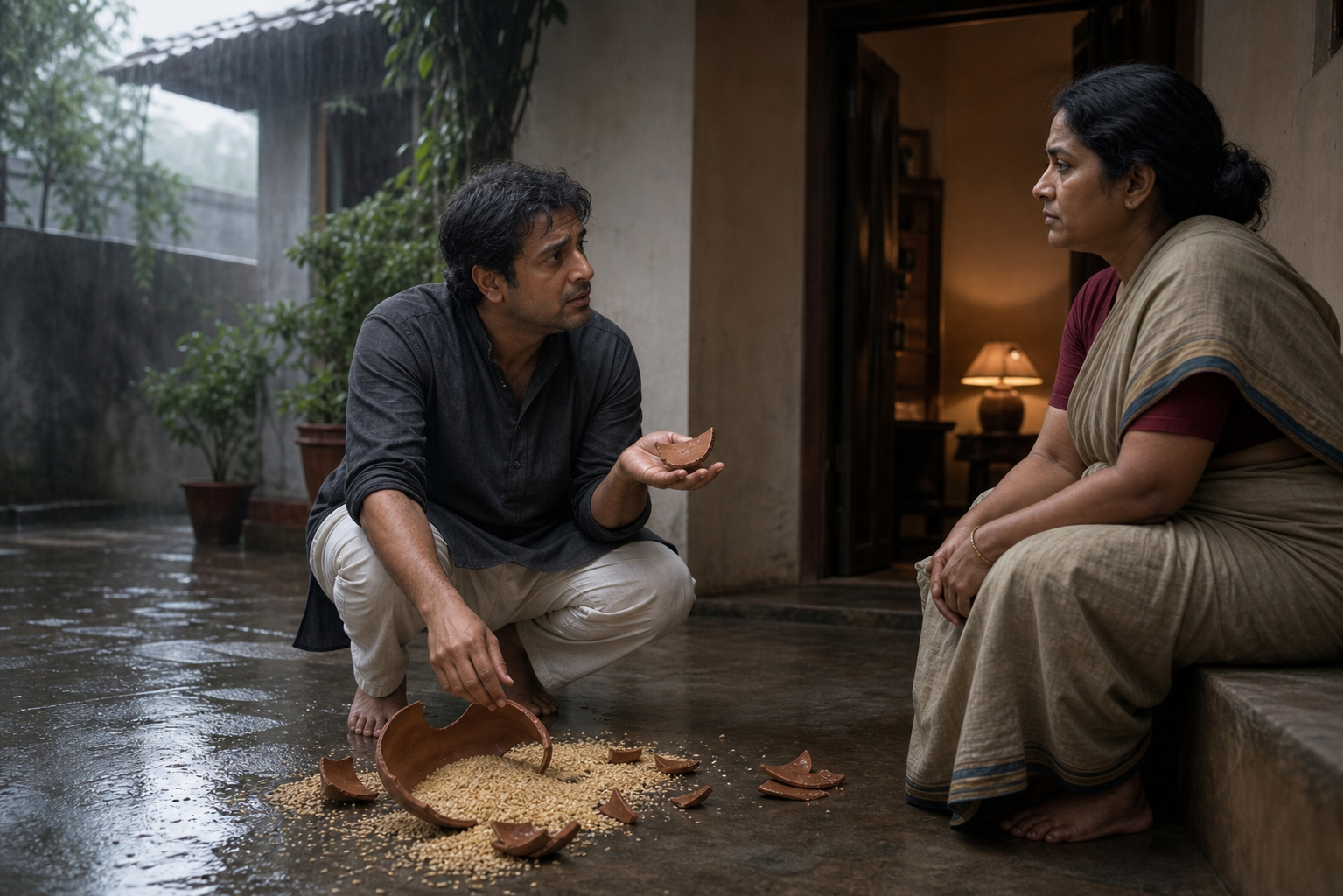 A sober-looking person acknowledges a broken clay bowl to another household member while beginning to collect the spilled grain and shards.
