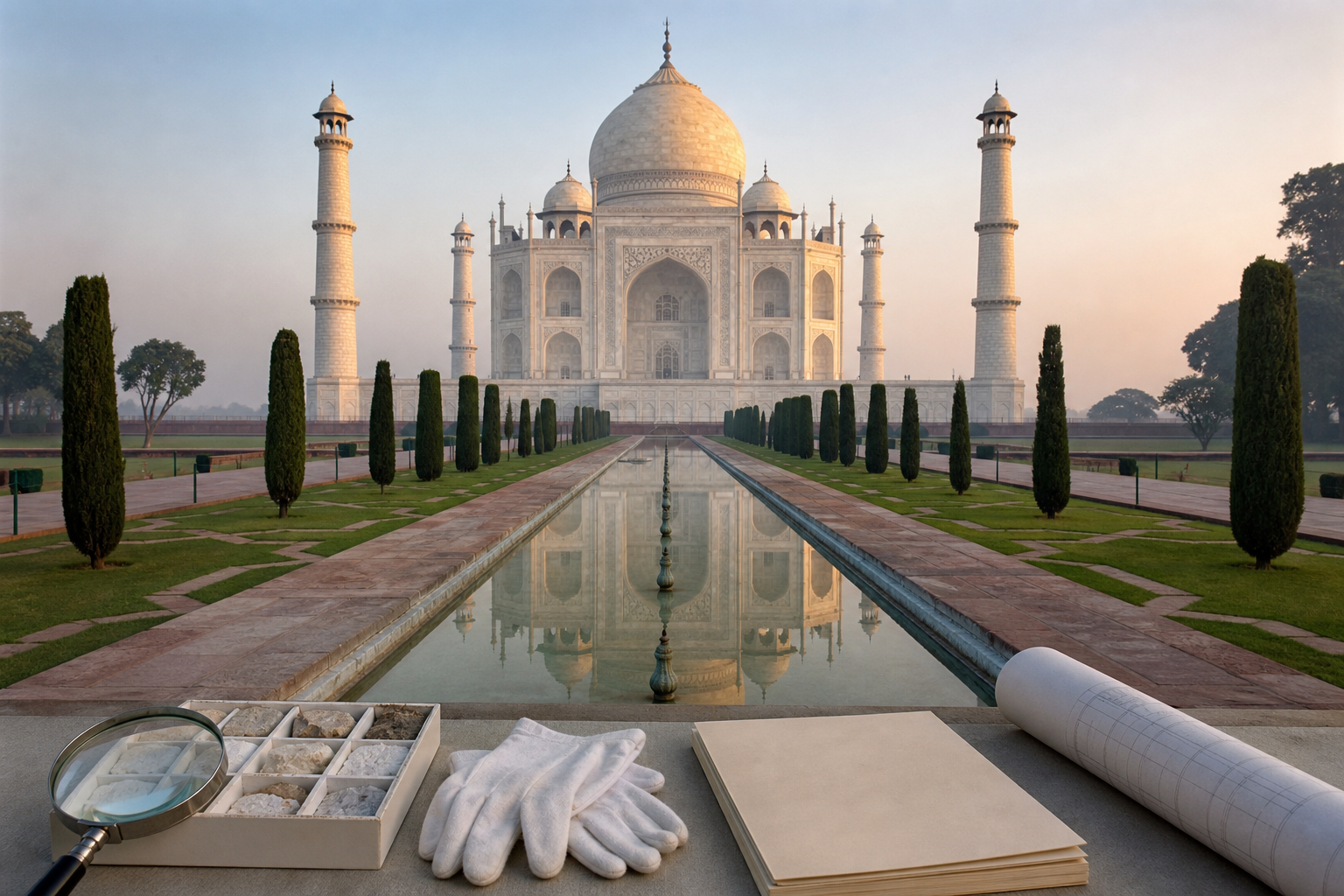 The Taj Mahal at dawn beyond its reflecting pool, with conservation tools and an unmarked archival folder arranged on a table in the foreground.