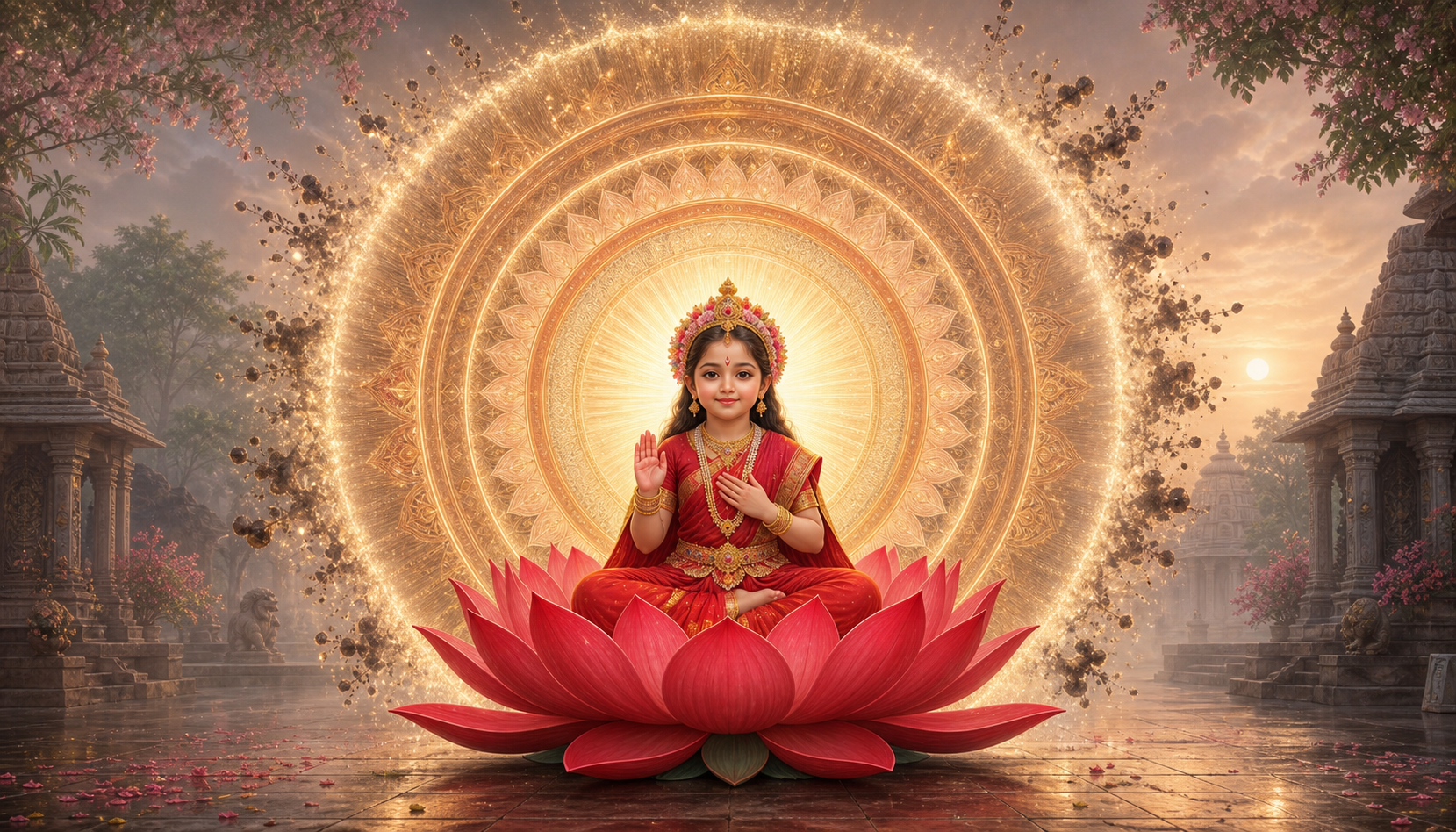 A youthful goddess sits calmly on a red lotus while a large golden aura surrounds her in a temple courtyard at dawn.