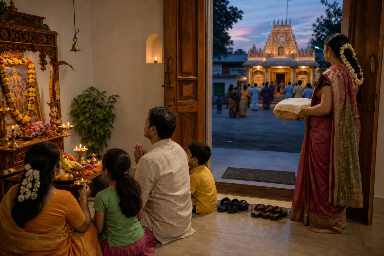 A family completes worship at a home altar while a relative prepares to carry an offering basket to a nearby illuminated temple at twilight.