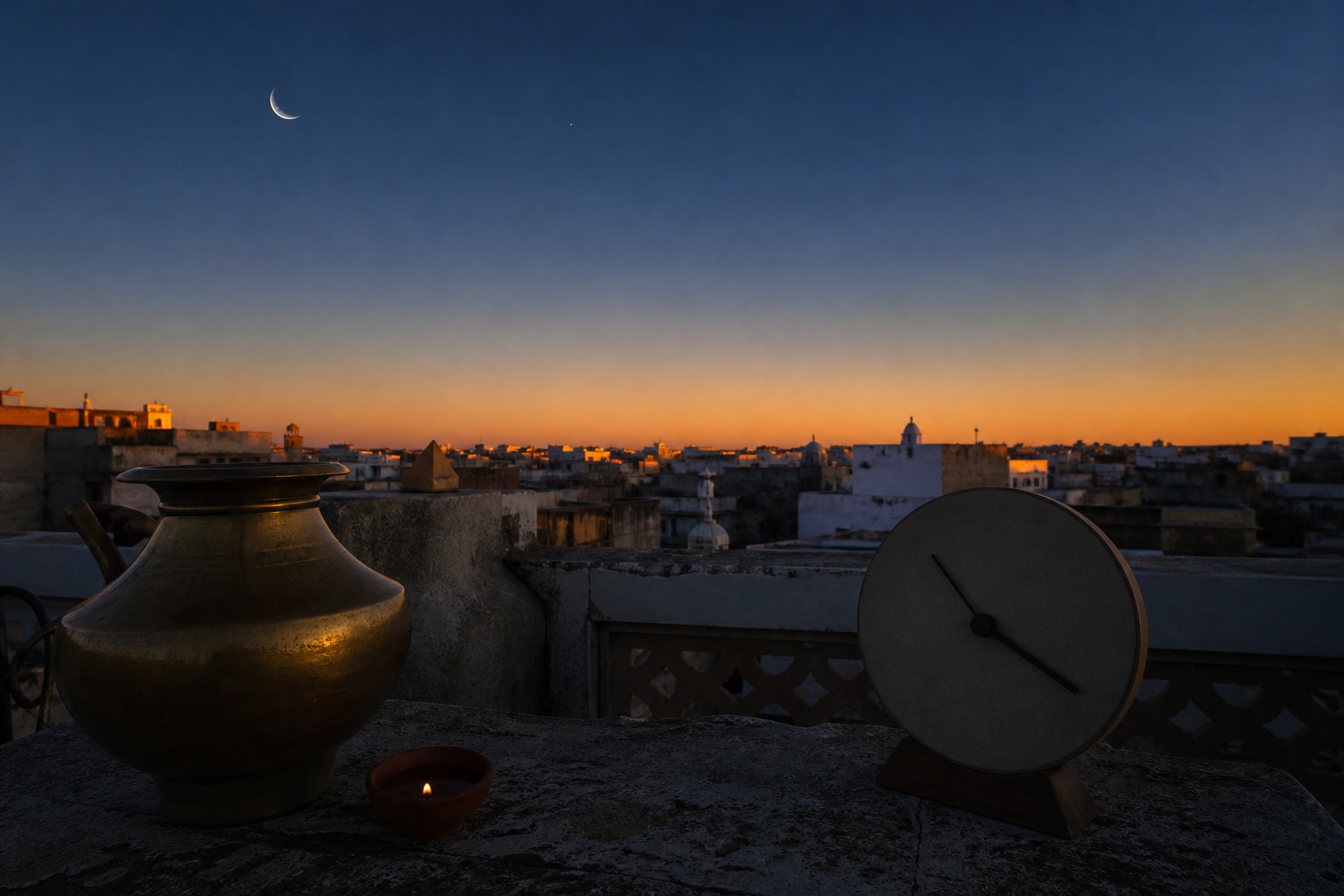 A thin moon and approaching sunrise seen from a terrace with a clay lamp, brass vessel, and unmarked analog clock in the foreground.