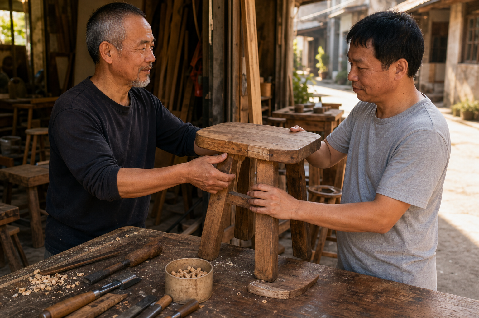 A craftsperson returns a repaired wooden stool to its owner while the repaired joint and the tools used remain visible on the workbench.