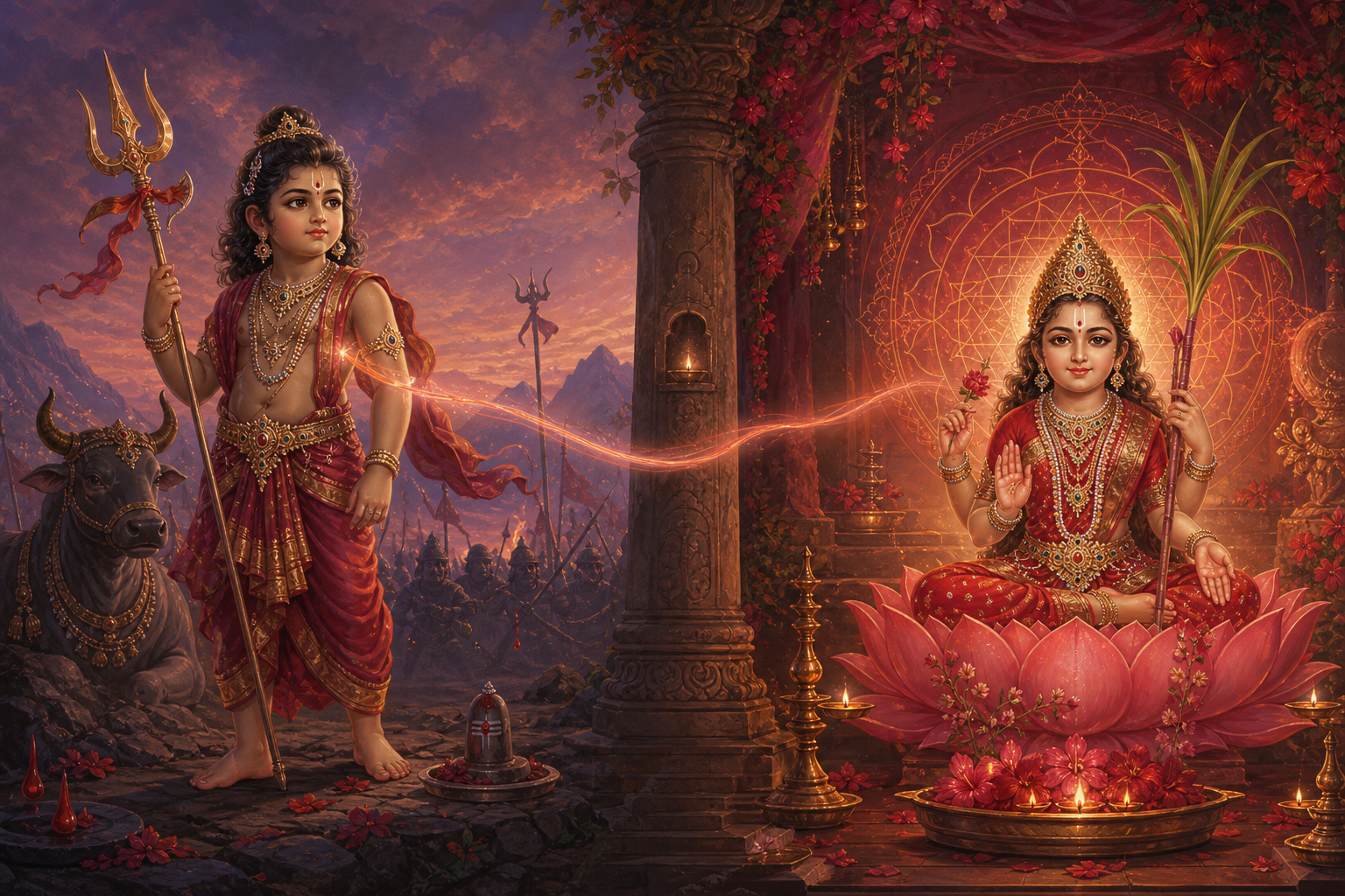 Two separate shrine scenes show a youthful battle-associated Bala and a serene lotus-seated Bala Tripurasundari connected by a narrow band of light.