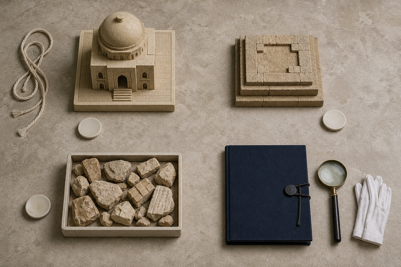 Four separate evidence stations on a stone table contain a monument model, layered masonry model, loose stone fragments, and an archival folio with research tools.