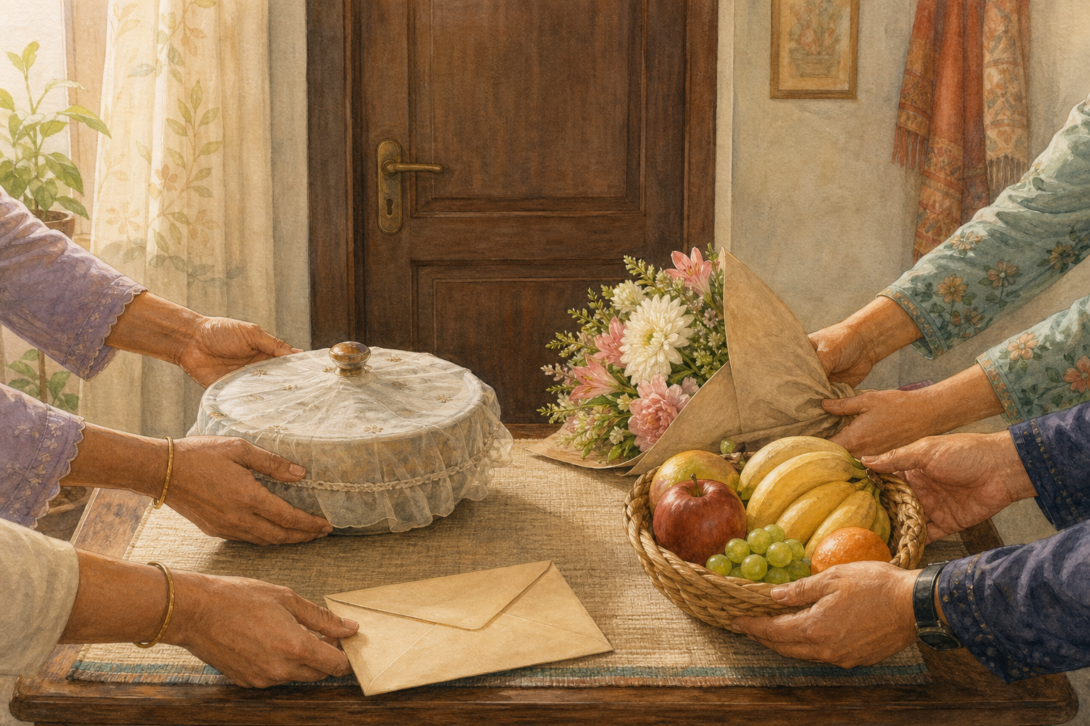 Several people quietly leave a covered meal, fruit, flowers, and an unmarked envelope outside a closed recovery-room door.