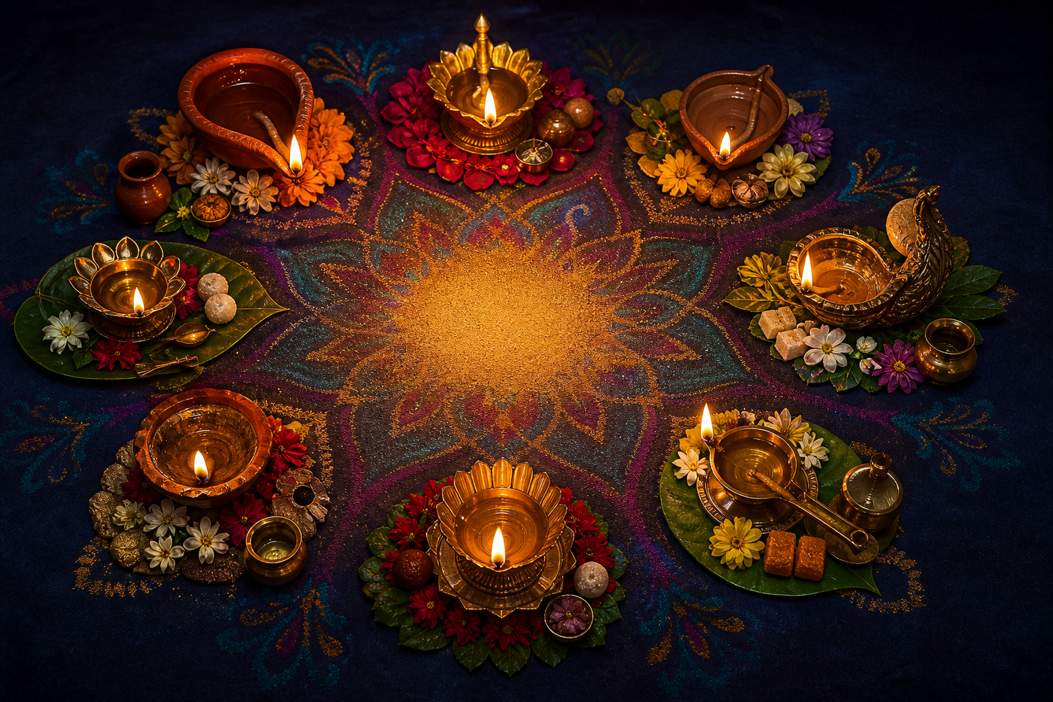 Different styles of clay and metal lamps form a circle around a floral rangoli, with each lamp surrounded by distinct offerings.