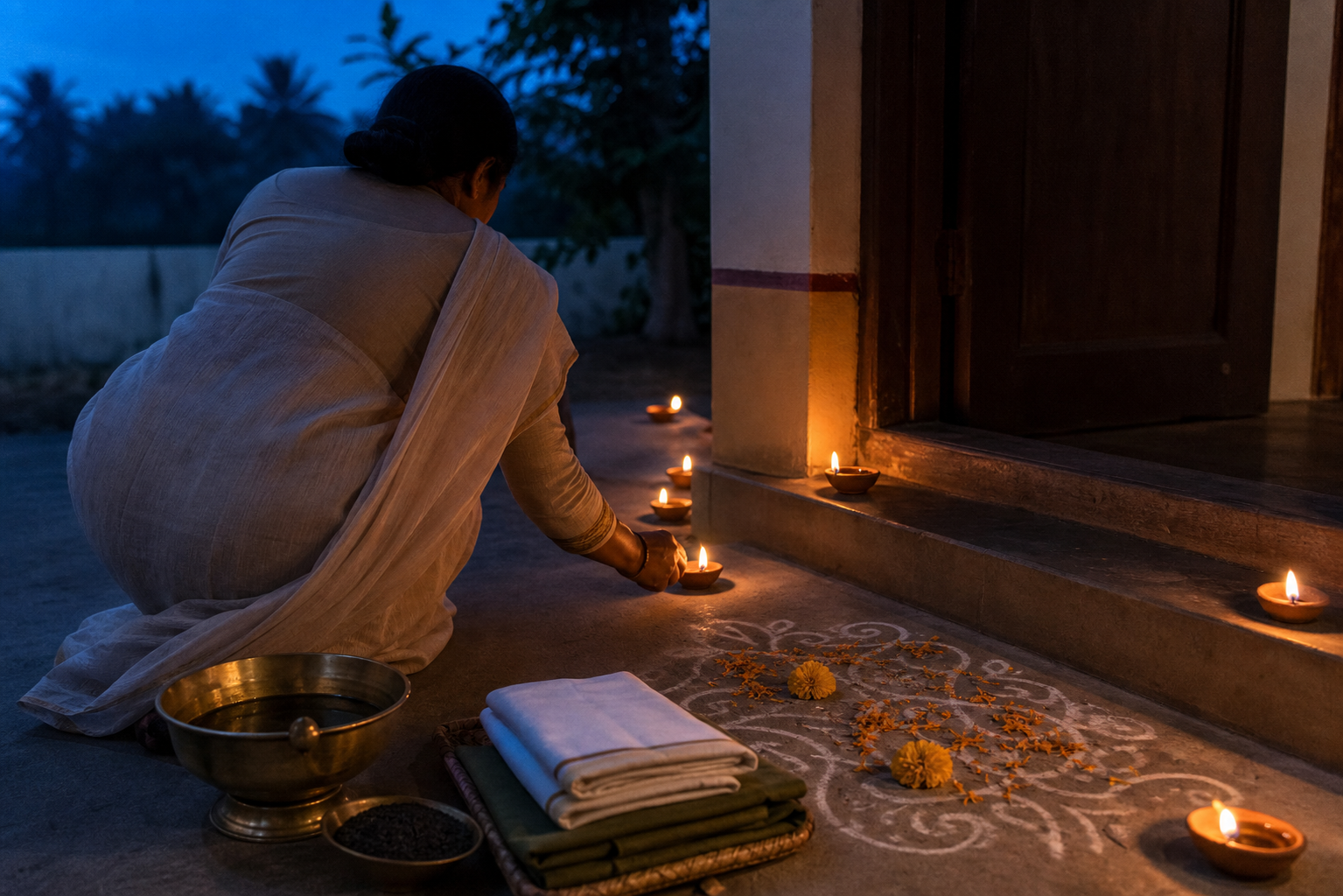 A devotee places a clay lamp beside a rangoli, marigolds, folded garments, and a brass bowl of oil before sunrise.