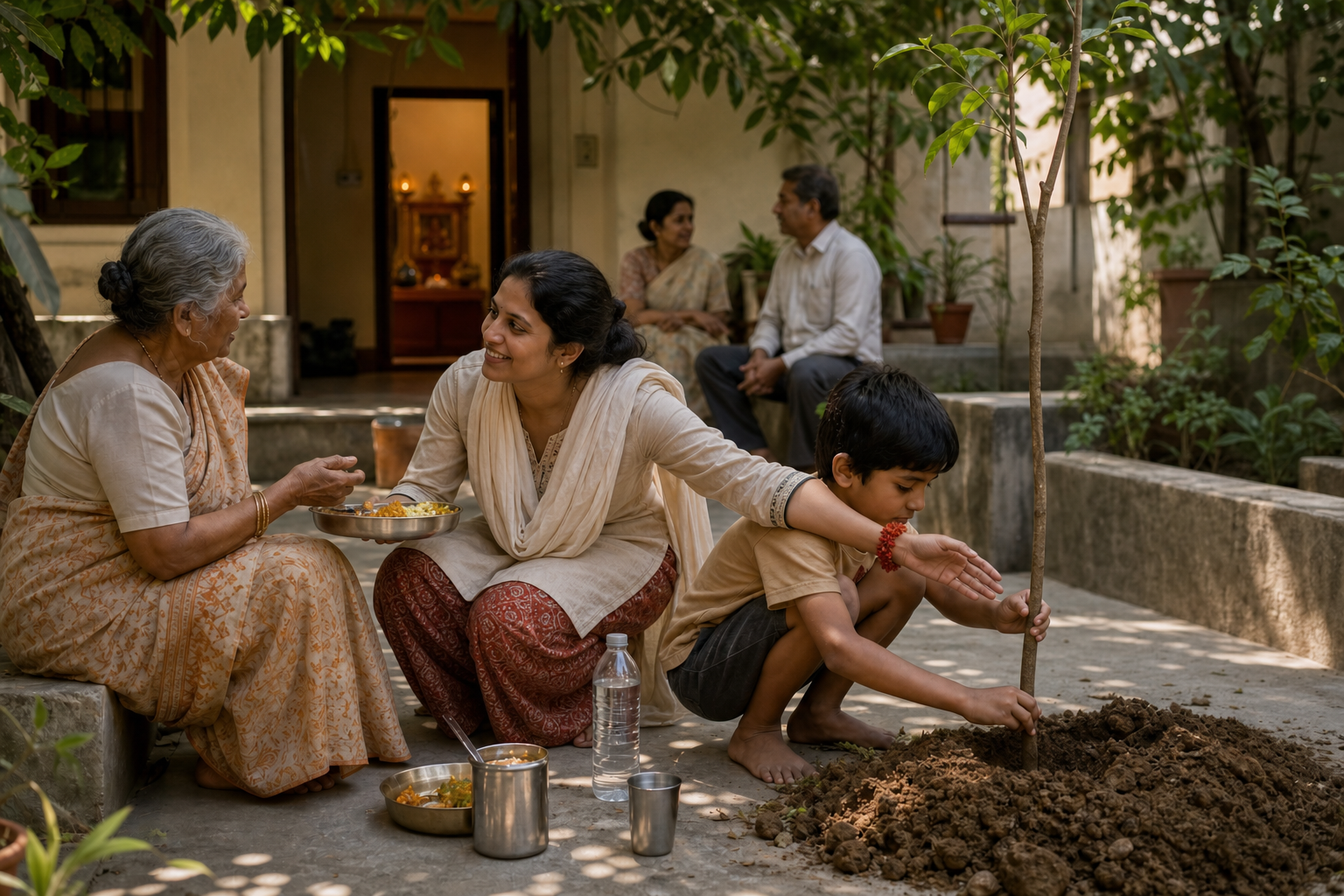 A devotee serves food and water to neighbors, listens to an older woman, and helps a child plant a young tree in a courtyard.