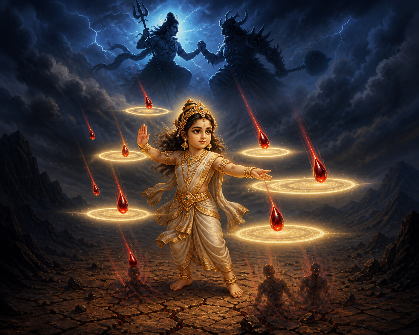 Goddess Bala uses circles of golden light to stop crimson drops from reaching the ground and forming shadowy duplicates.