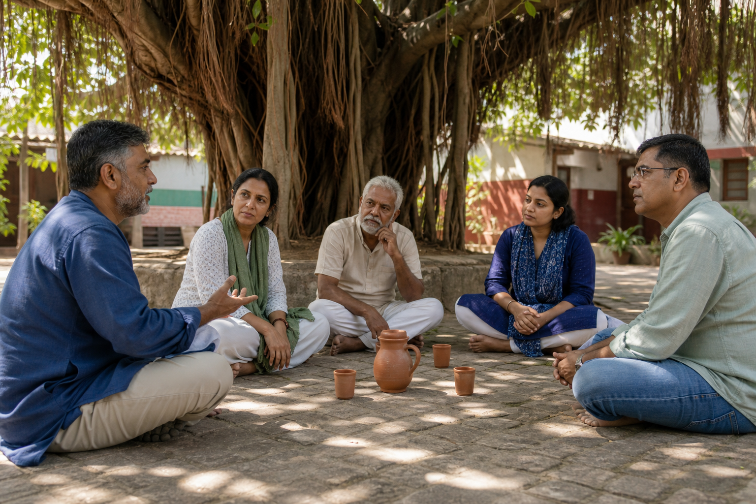 Five adults discuss an issue beneath a banyan tree while one person speaks and another listens with a tense but controlled expression.