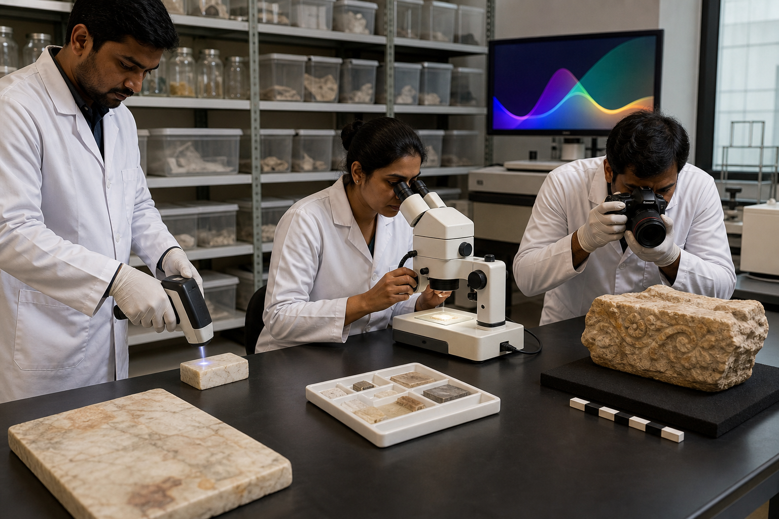 Three conservation specialists scan, examine, and photograph stone samples in an orderly laboratory with sealed containers on shelves.