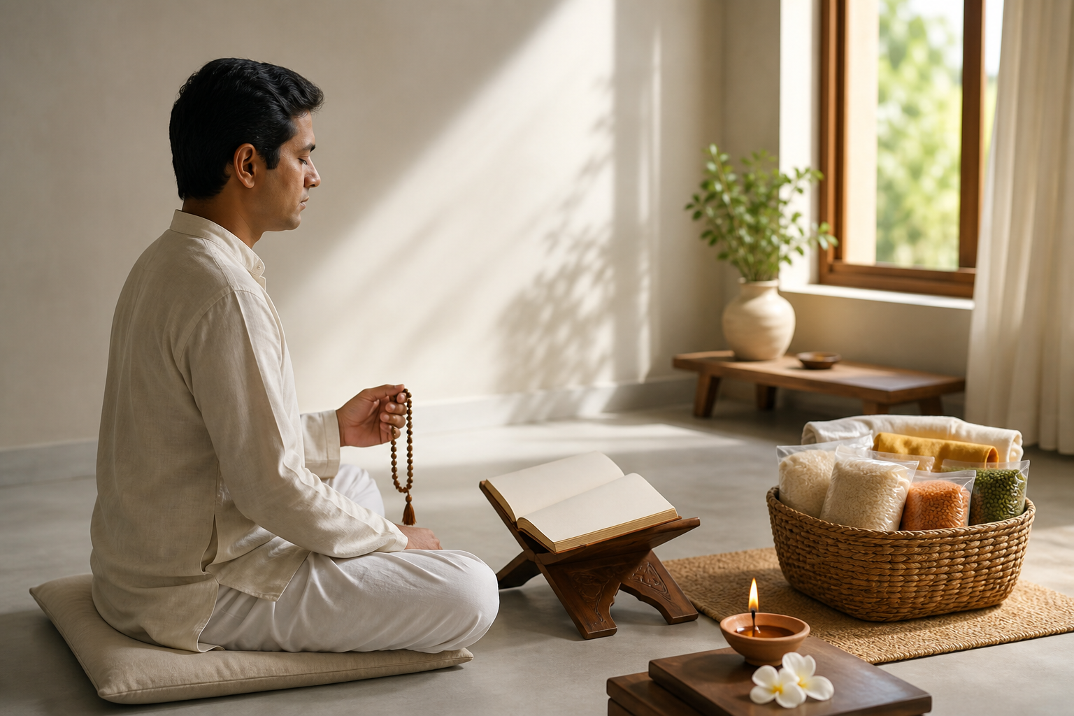 A seated practitioner meditates with prayer beads beside a scripture stand, clay lamp, white flowers, and a basket of goods prepared for service.