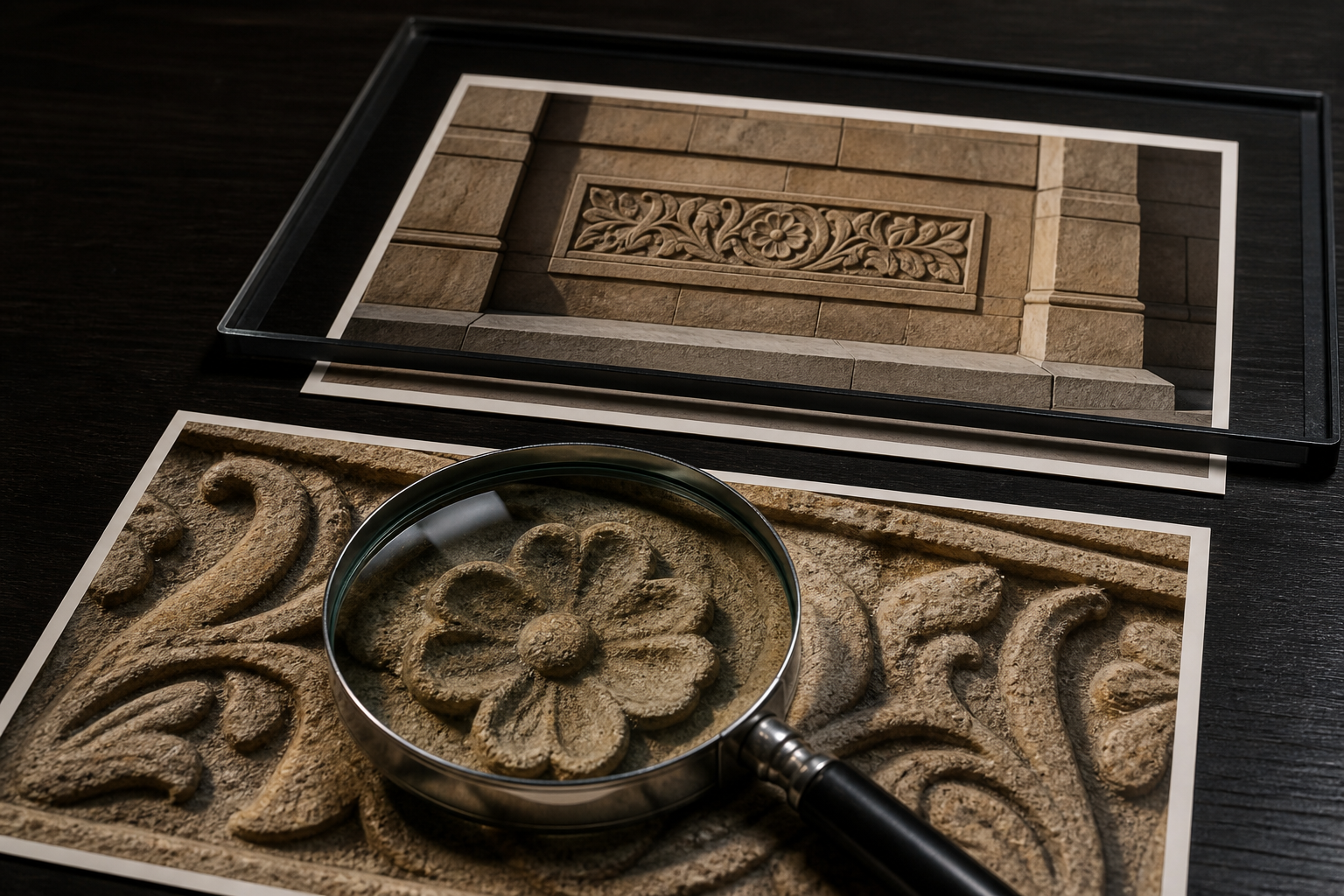 Two unmarked prints show the same carved stone panel as a tight crop and in its wider architectural context, with a magnifying lens over one detail.
