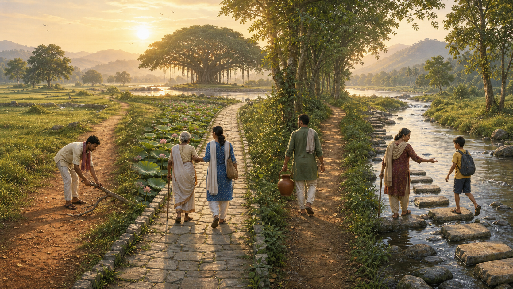 Four travelers follow separate paths through a South Asian landscape while performing small acts of care on the way toward the same sunlit horizon.