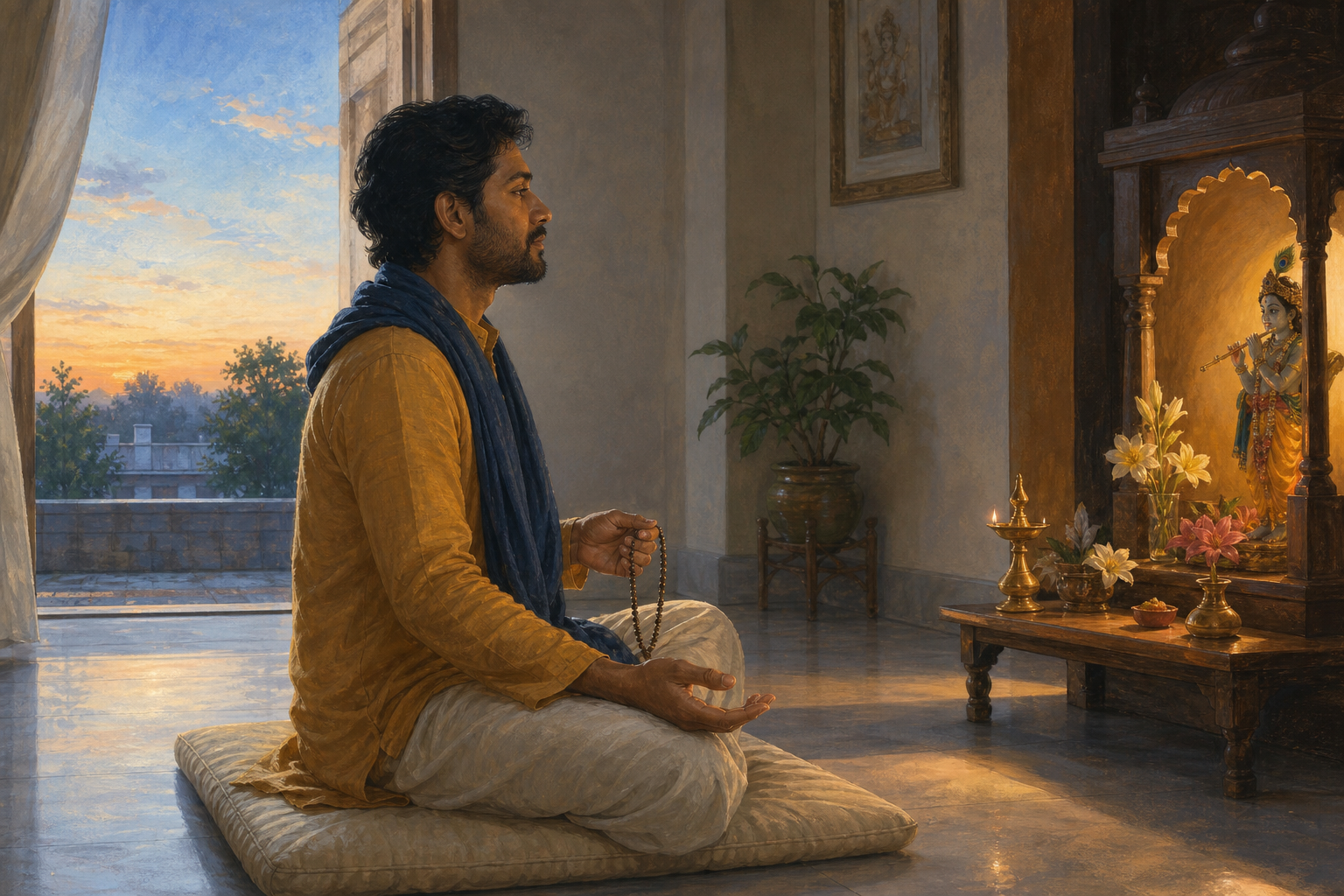 A person sits calmly with prayer beads beside a small home shrine and an open doorway at dawn.