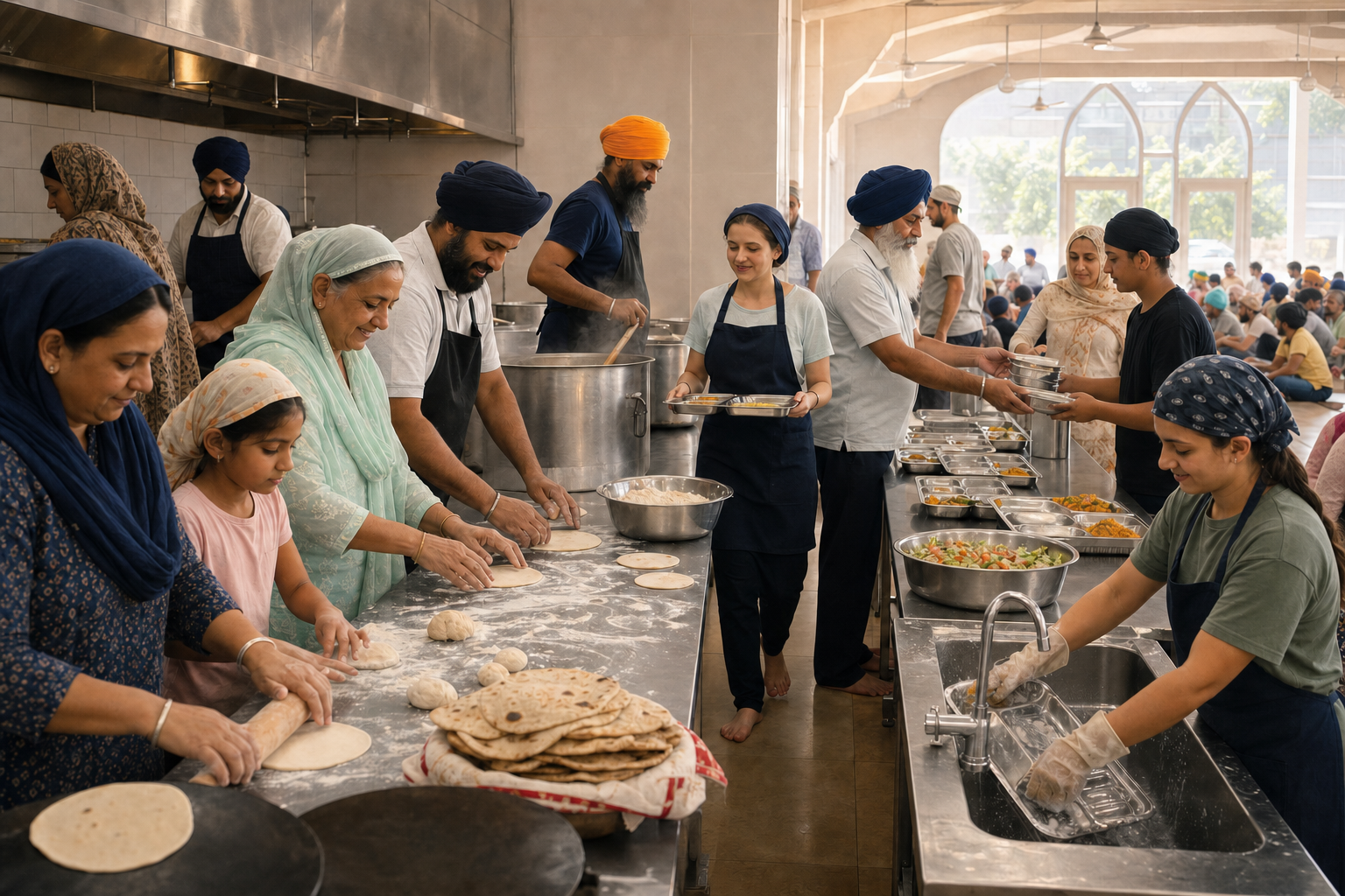 Sikh volunteers and other neighbors prepare rotis, stir a large pot, wash utensils, and fill meal trays in a community kitchen.