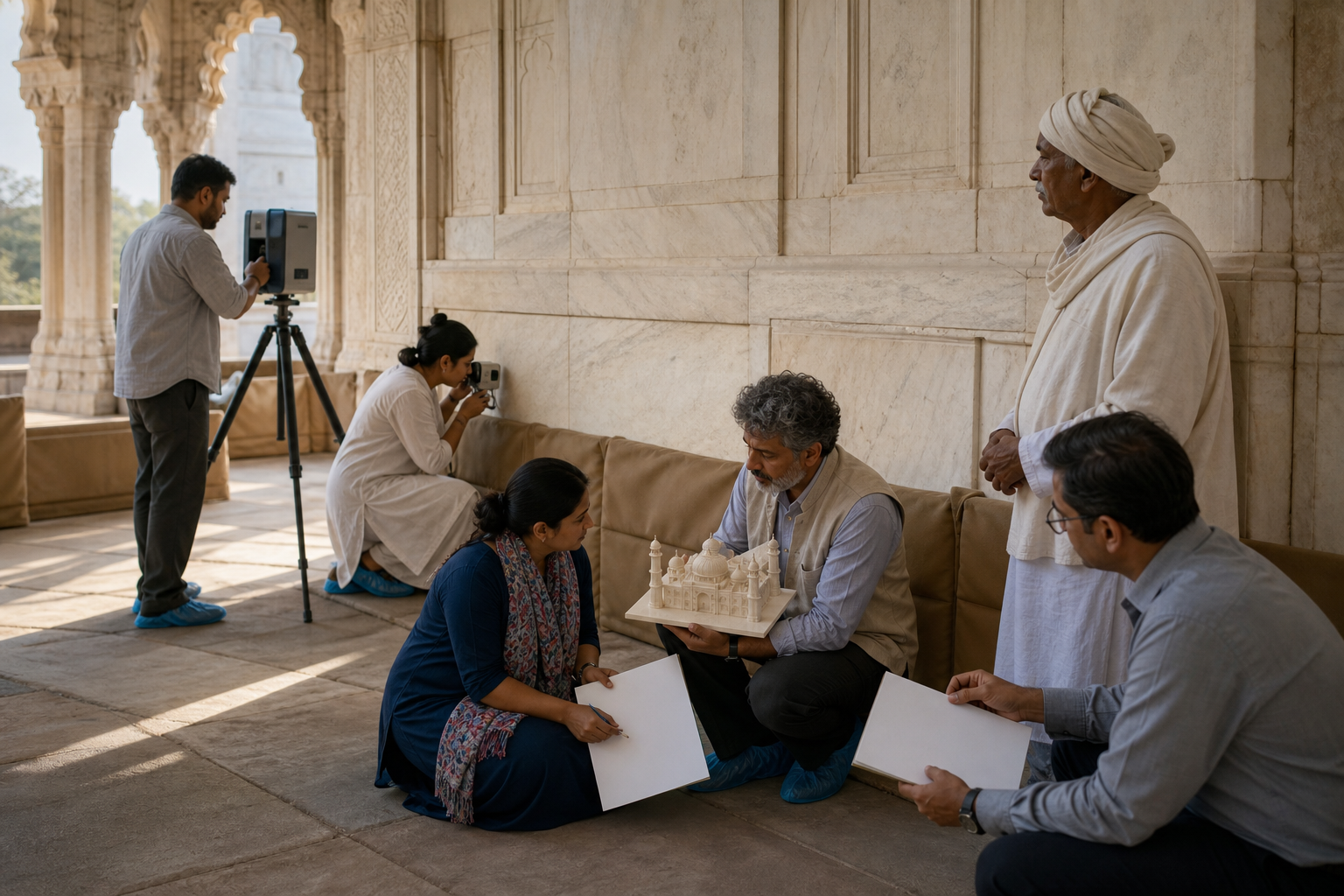 A multidisciplinary Indian heritage team uses non-invasive scanners and a site model while working together beside a protected marble wall.