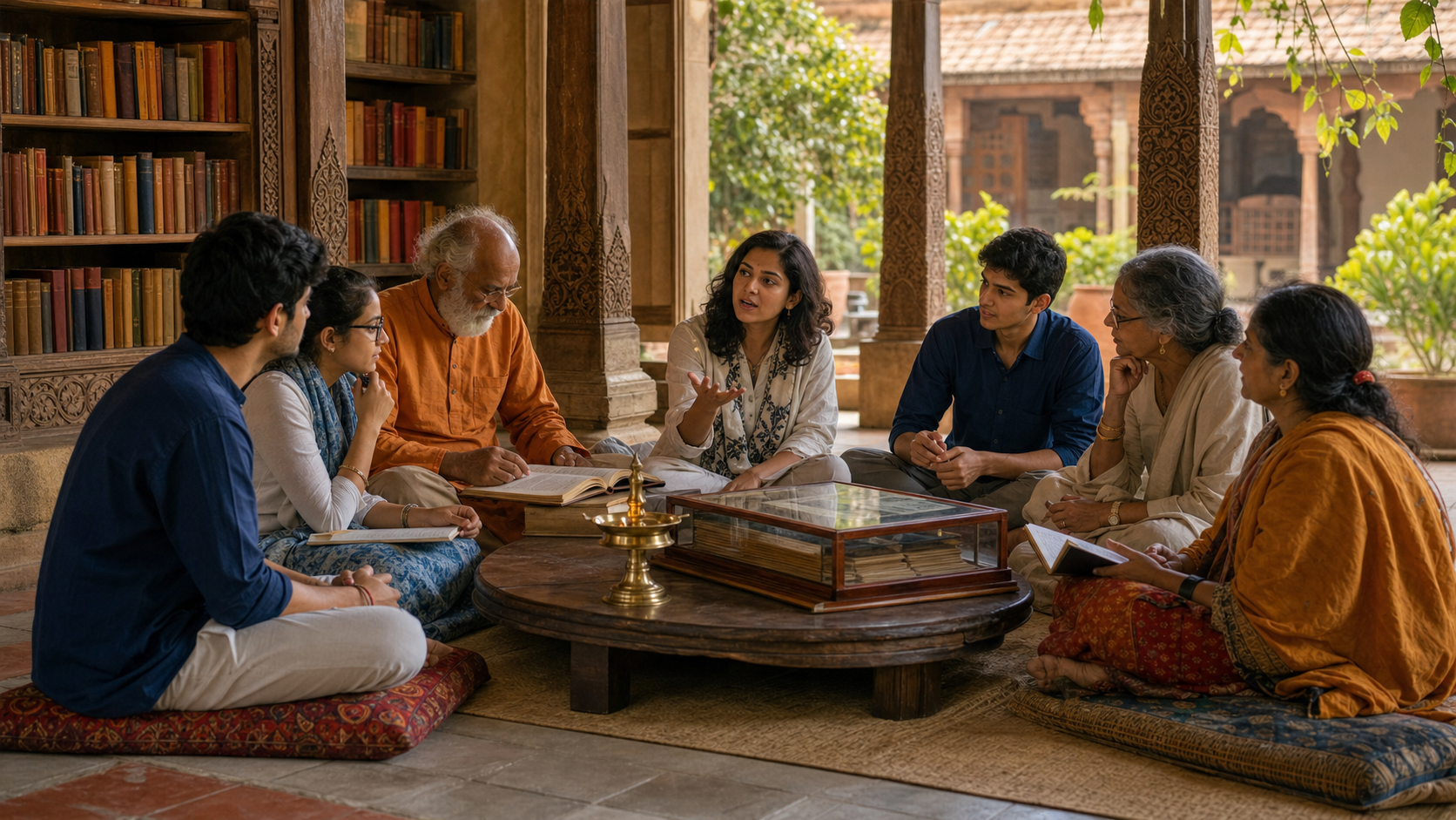 Women and men of several generations participate as equals in a study circle in a temple-library courtyard while a woman poses a question.