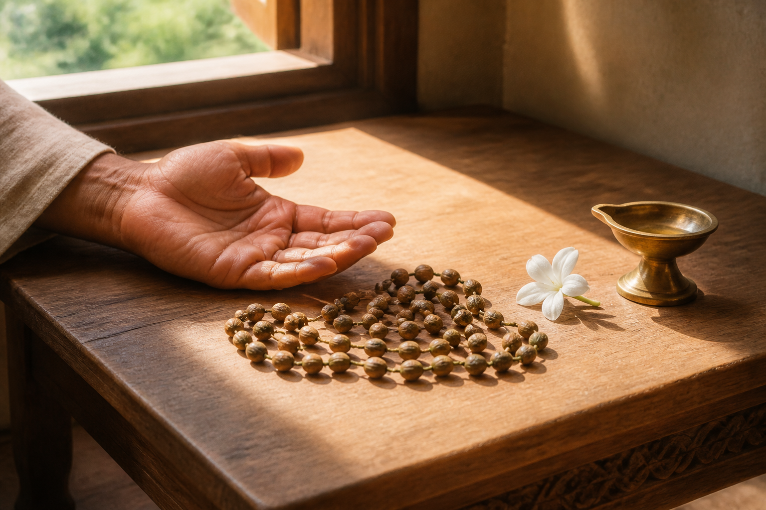 An open hand rests beside loosely coiled prayer beads, a jasmine flower, and a brass lamp in morning light.