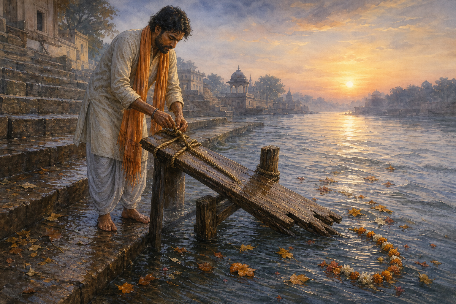 A person repairs a rain-damaged wooden footbridge beside a flowing river at dawn as leaves and a broken flower garland drift downstream.