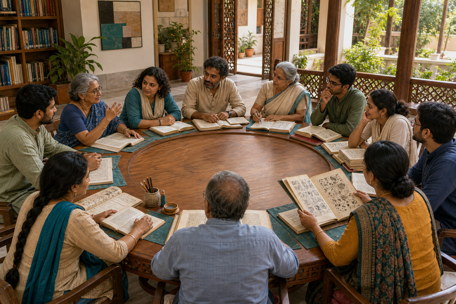 Women and men share books around a circular table during an open community discussion, with materials placed within equal reach.