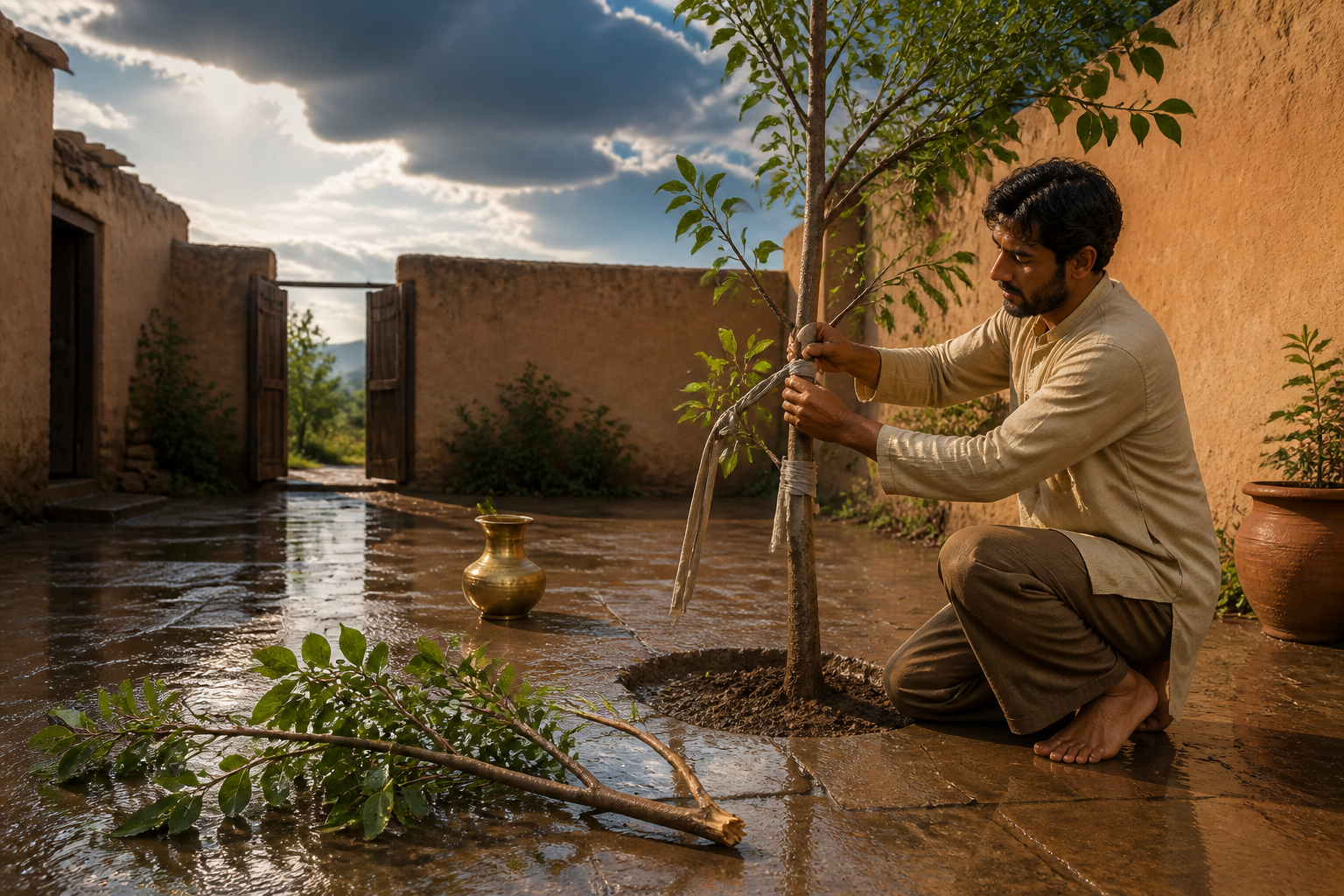 A person supports a bent living branch on a young courtyard tree while an already broken branch lies on the rain-wet ground.