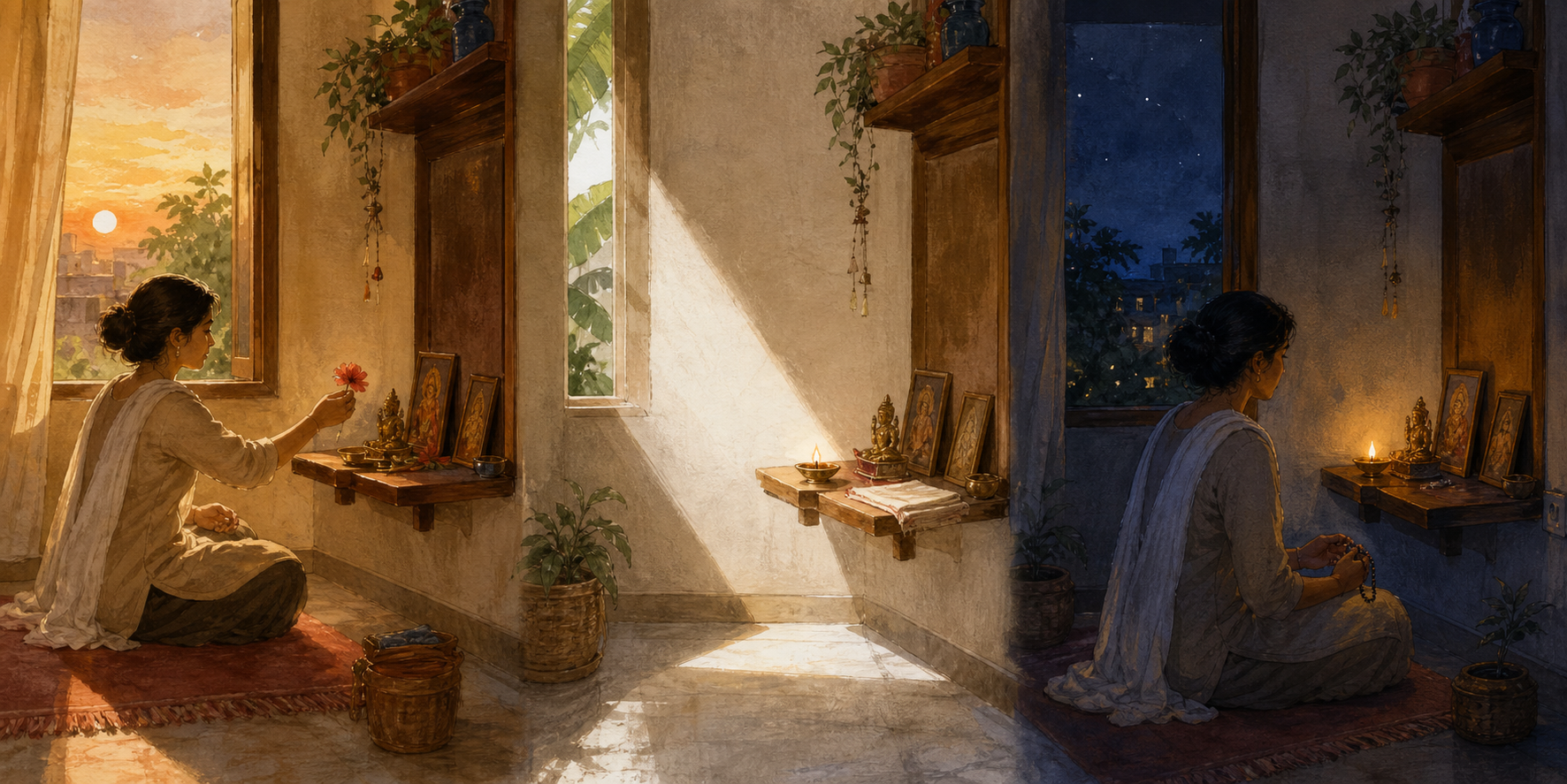 Three connected views show a person returning briefly to the same simple home prayer corner at morning and night during a busy day.