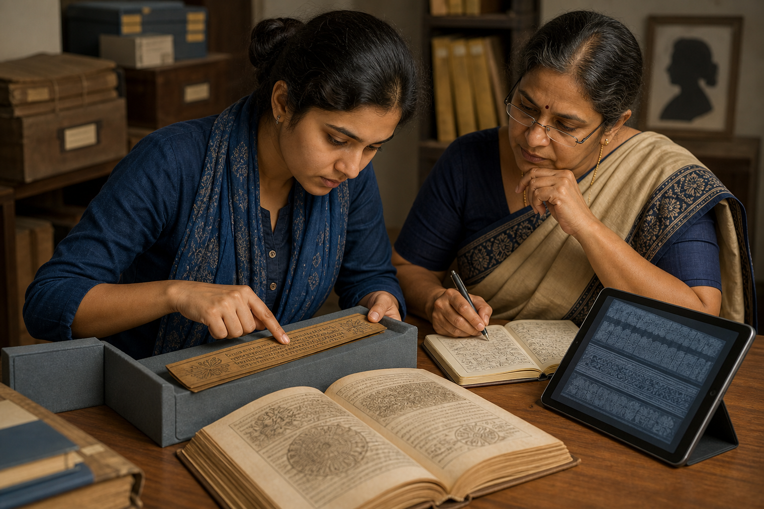 Two women scholars compare a palm-leaf manuscript facsimile, a bound volume, and a digital scan in a research library.