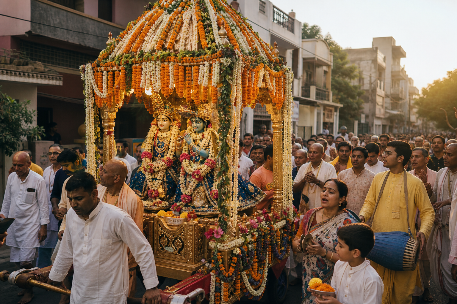 Devotees accompany a flower-decorated chariot carrying sacred icons of Krishna and Balaram along a street in Karnal.