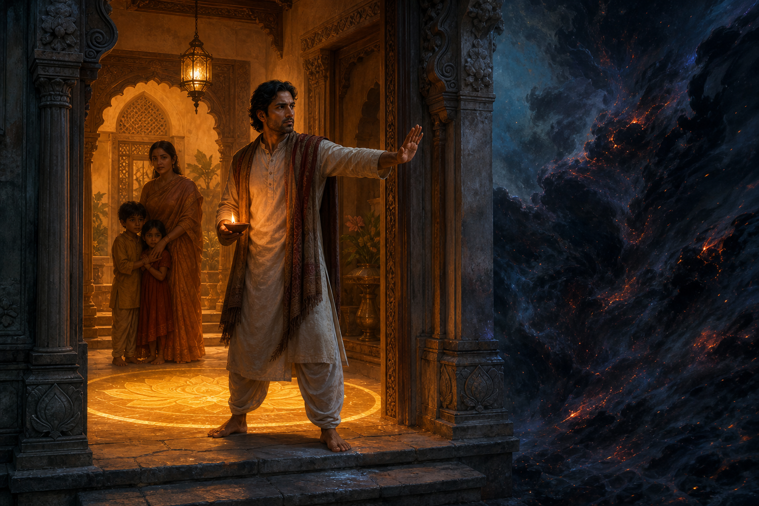 A calm adult holding an oil lamp stands at a home's threshold, shielding a family from abstract dark storm clouds outside.