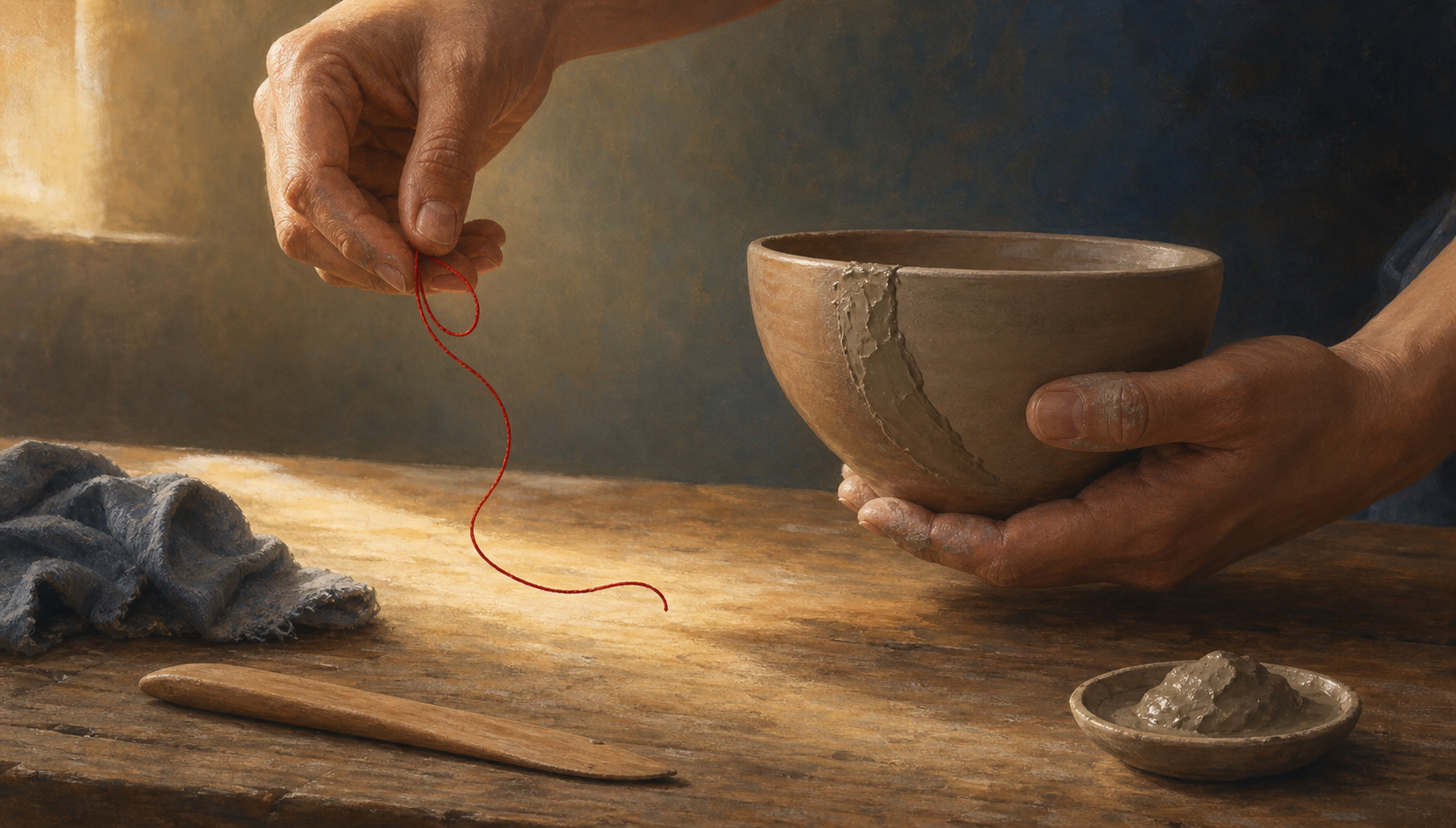 One hand releases a loop of red thread while another hand continues repairing a clay bowl on a wooden table.