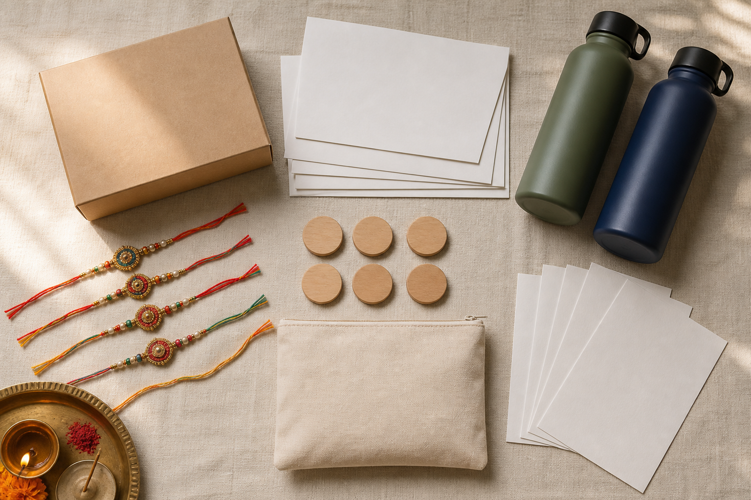 Rakhis, sweets, blank cards, reusable bottles, and other supplies are arranged for a small civic visit.