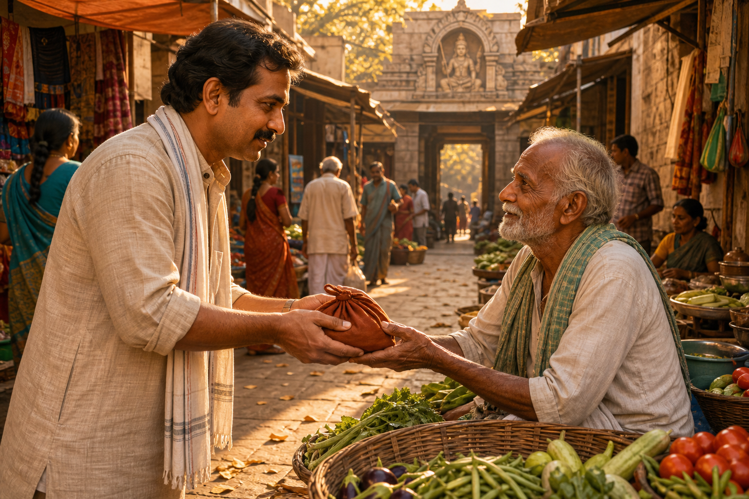 A householder returns a dropped cloth purse to an elderly market seller as evening shadows stretch across the marketplace.