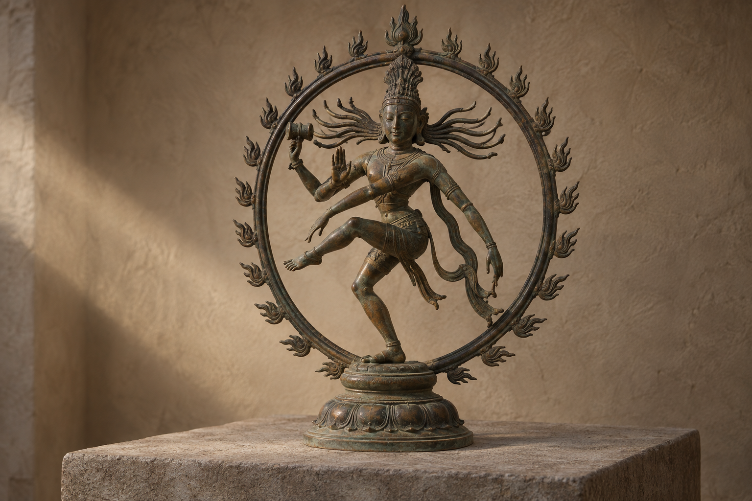 Small bronze dancing-deity sculpture whose curved arm links the torso visually with the raised foot and surrounding aureole.