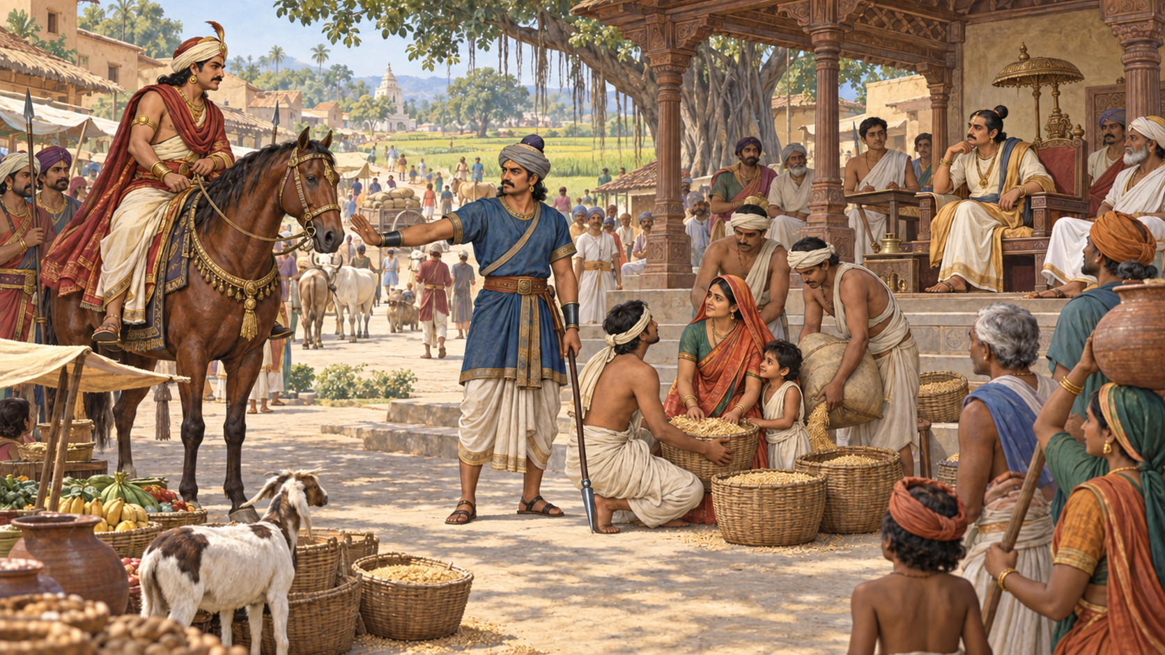 An official returns grain to a farming family while restraining a mounted landholder before a magistrate and gathered townspeople.