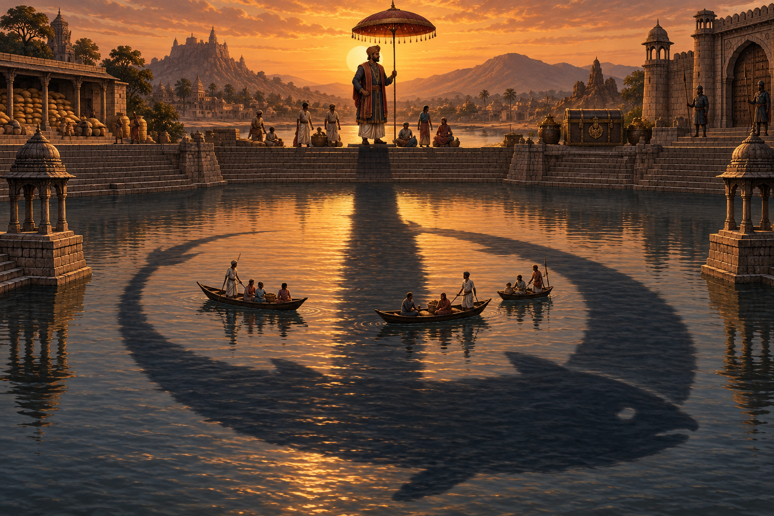 A courtly guardian shelters villagers with a parasol while his shadow forms a giant fish that surrounds their boats.