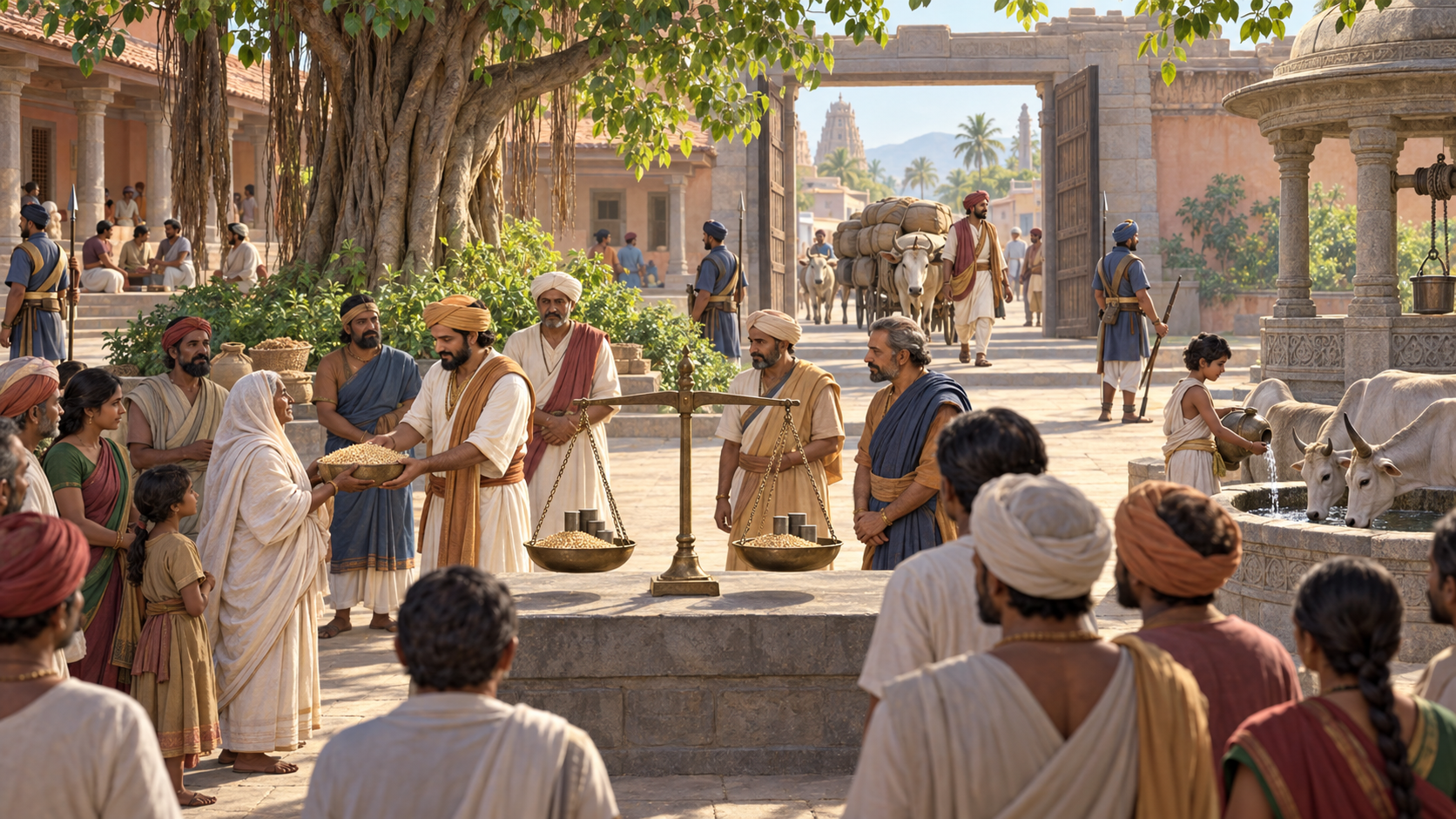 Villagers and officials gather around a balanced scale as grain is restored, a gate remains open, and cattle drink from a protected well.