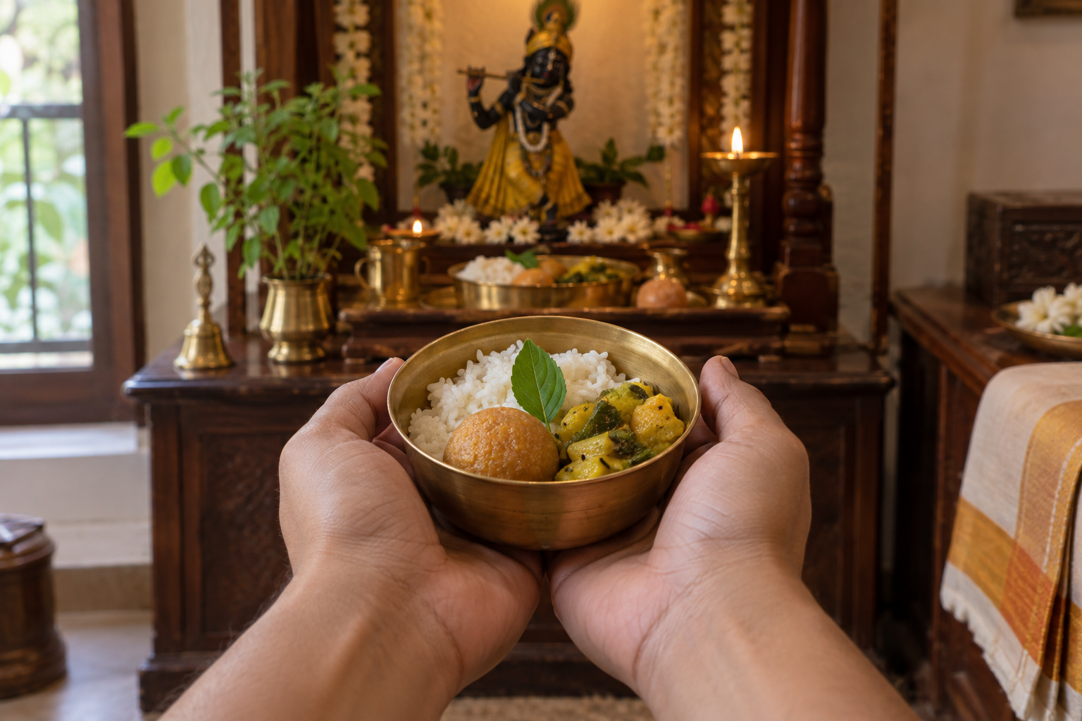 Two hands respectfully receive a brass bowl of offered food with a tulsi leaf while a Krishna altar appears softly in the background.