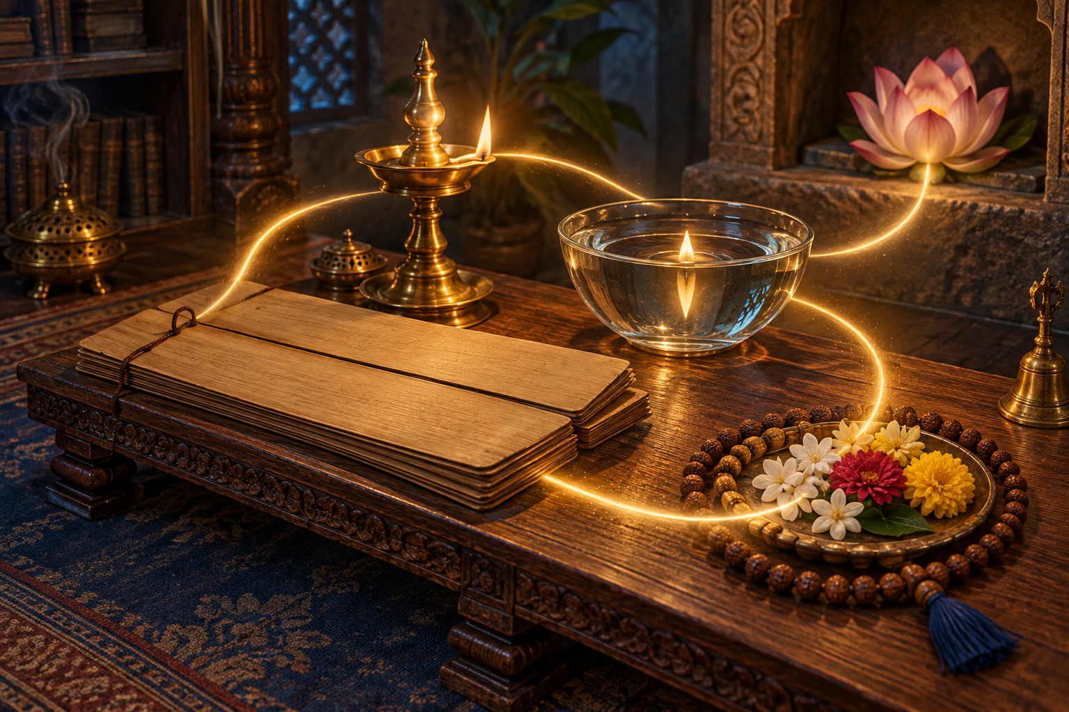A palm-leaf manuscript, oil lamp, water bowl, lotus, prayer beads and flower offering are arranged together on a carved wooden table.