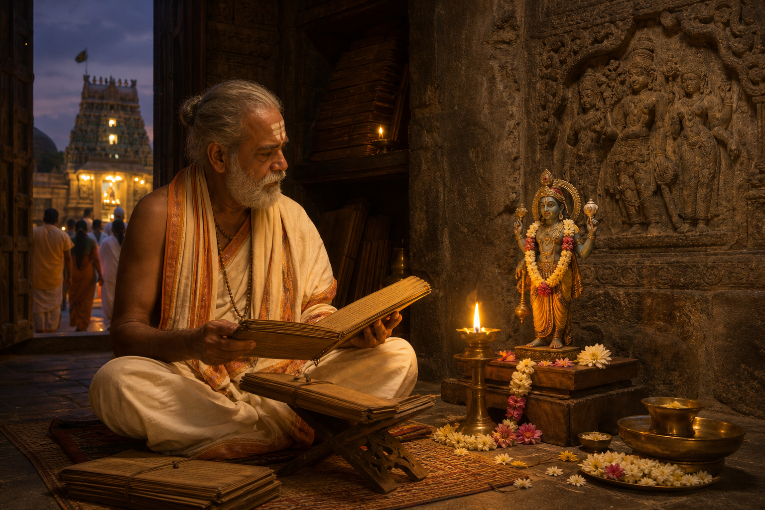 A devotee-scholar studies a palm-leaf manuscript beside an avatar sculpture, ritual offerings, temple worshippers, and an old carved relief.