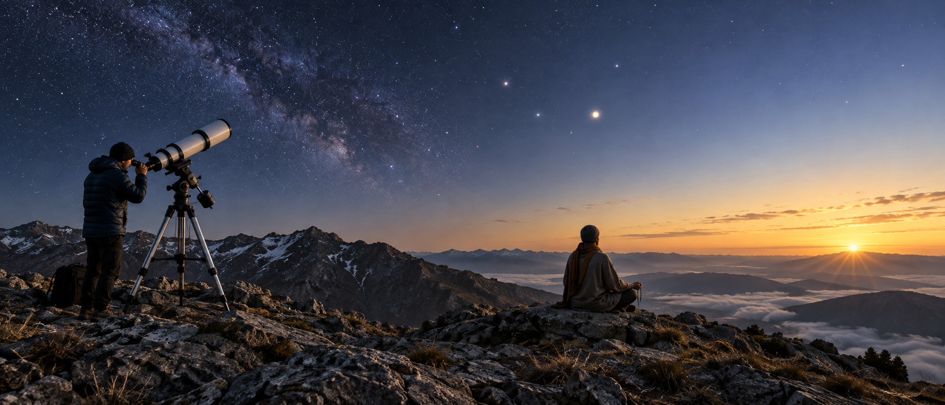 An astronomer uses a telescope under a starry sky while a seated practitioner meditates with prayer beads near the brightening horizon.