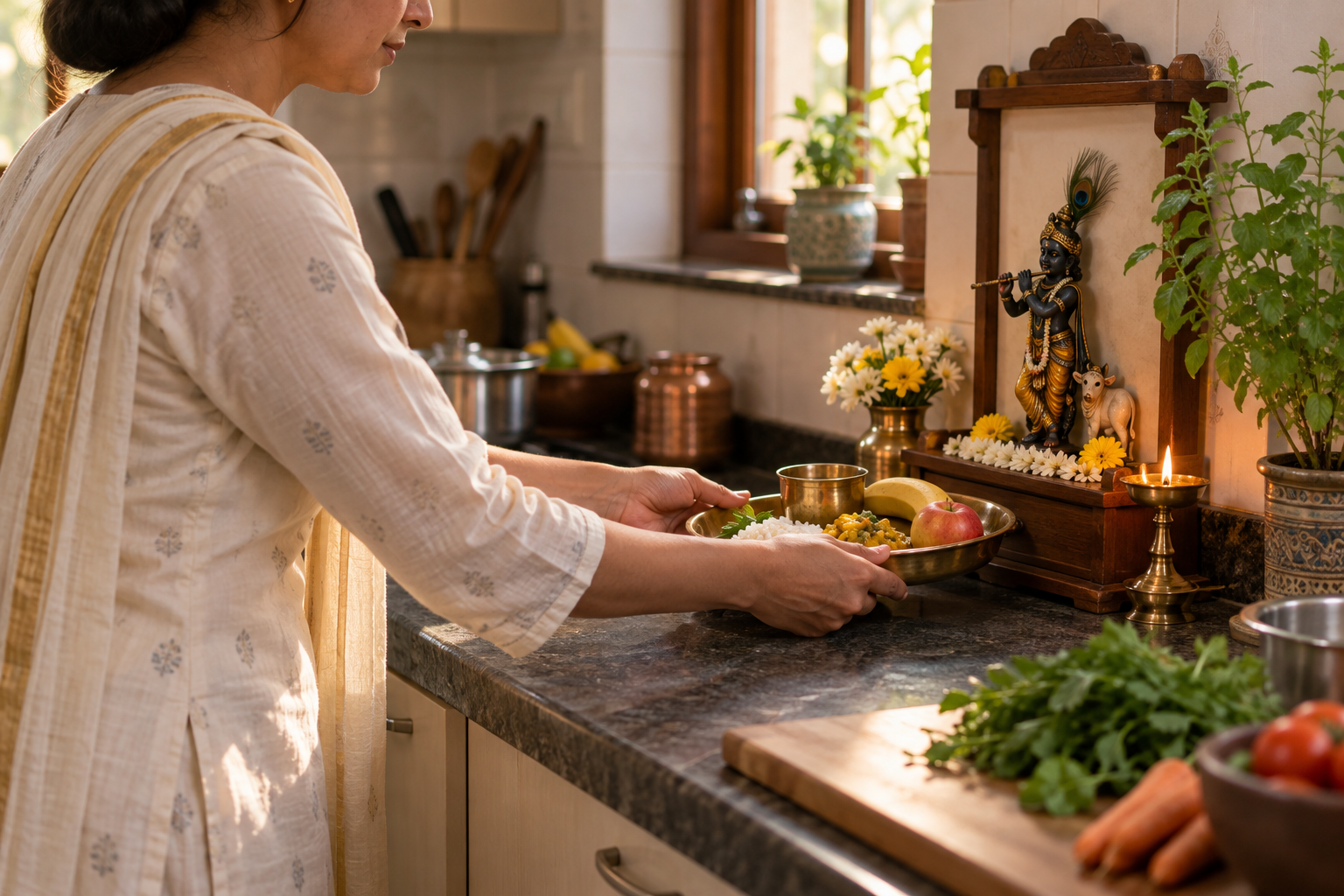 A devotee places a simple plate of vegetarian food, fruit, and water before a small Krishna altar in a tidy home.