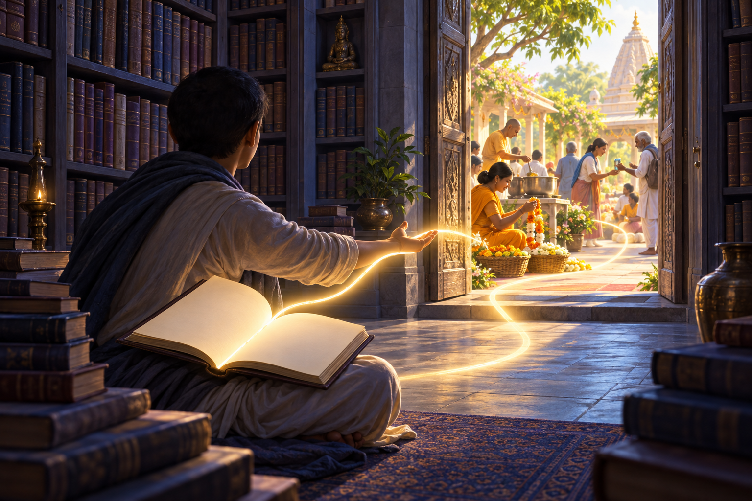 A scholar studying among tall book stacks looks through an open doorway toward devotees preparing flowers and serving a meal in a sunlit courtyard.