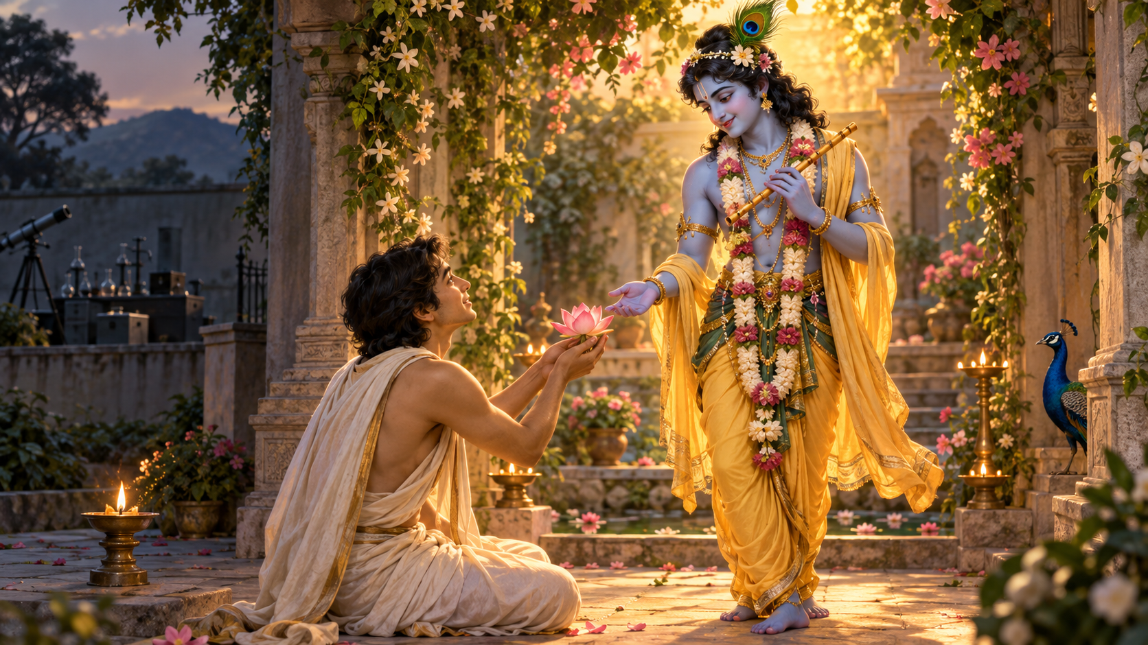 A devotee offers a lotus to a blue-skinned figure of Krishna in a flower-filled temple courtyard while laboratory instruments remain outside in shadow.