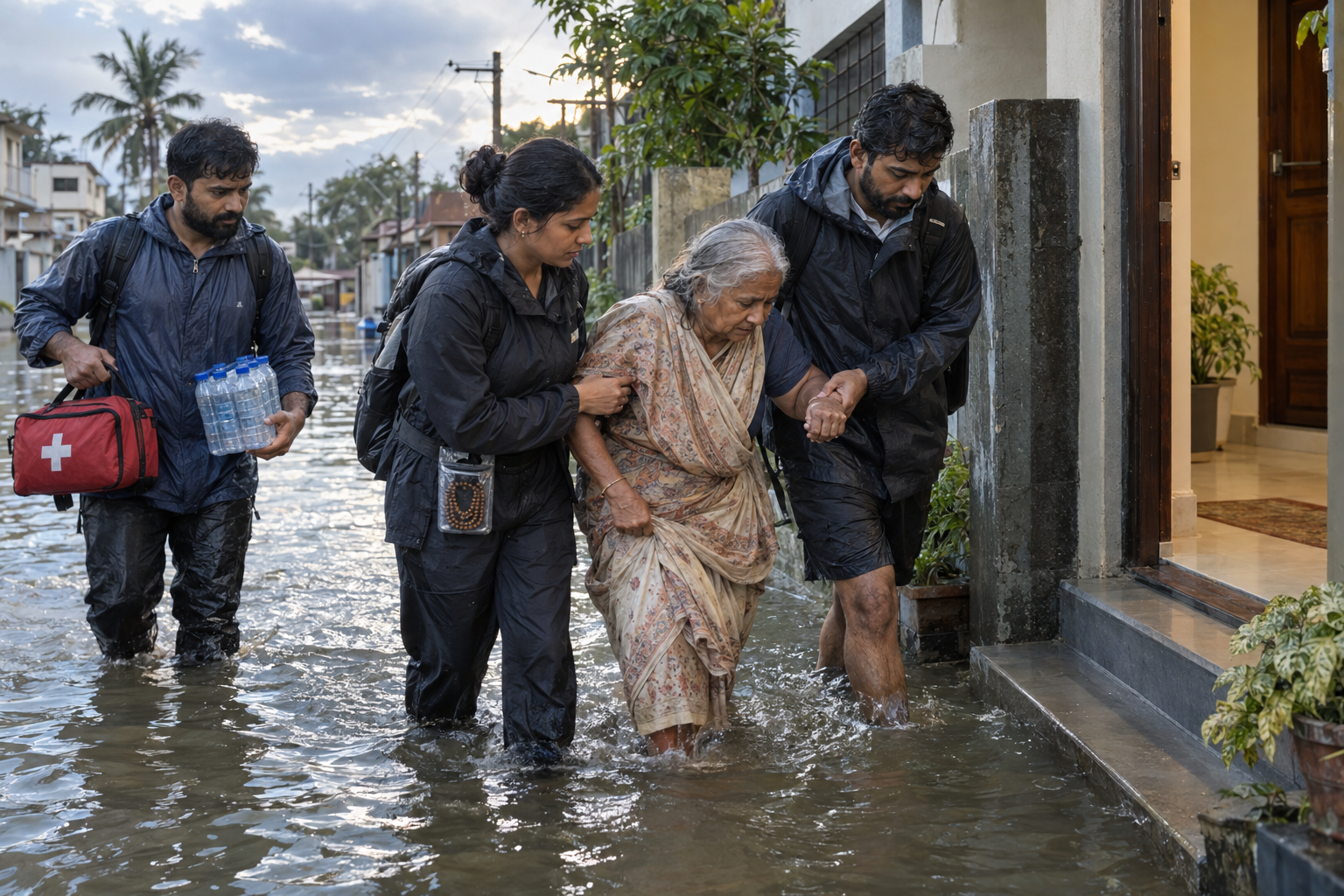 Three adults help an elderly person through monsoon floodwater while carrying first-aid supplies and drinking water.