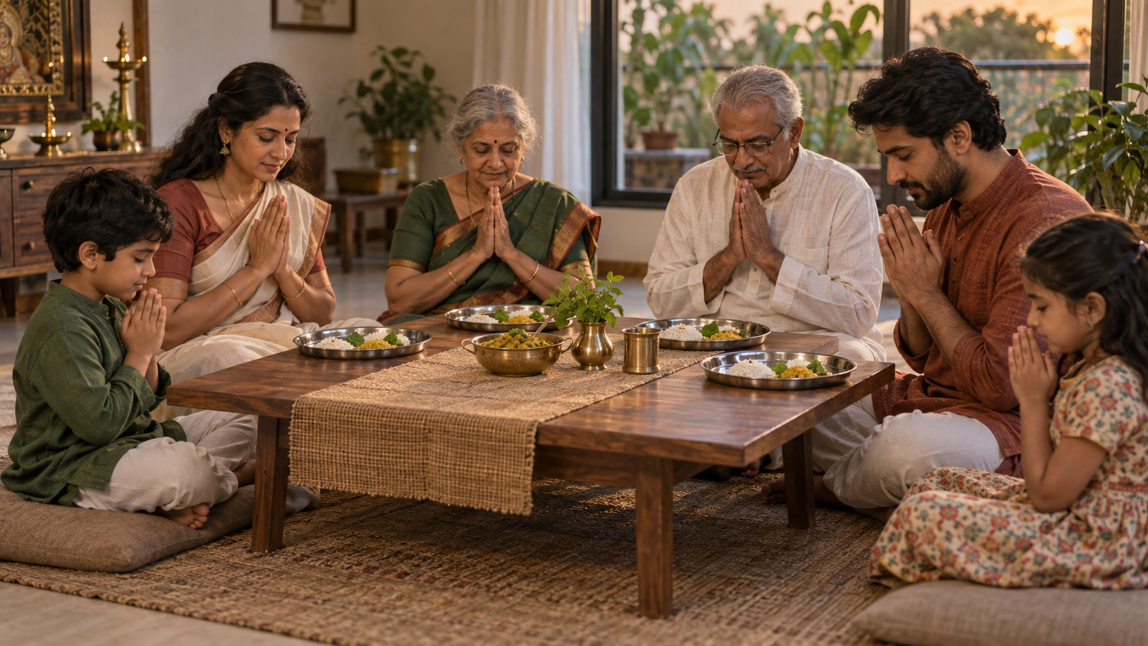 A multigenerational family pauses in gratitude before eating simple vegetarian prasadam from metal plates around a low table.