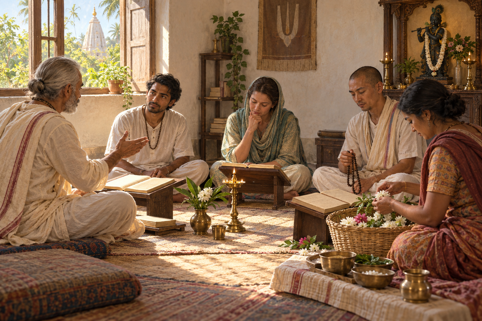 A teacher and adult students sit in a temple study circle with scripture folios, prayer beads, flowers and serving bowls.