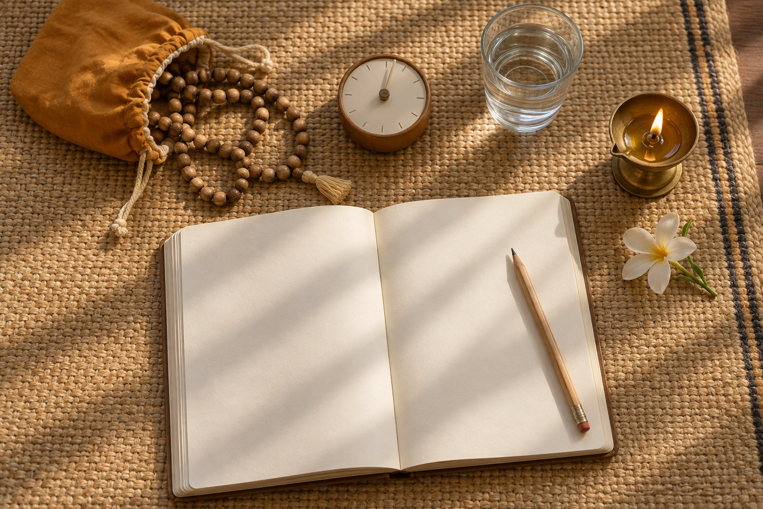 Prayer beads, a blank journal, a pencil, a glass of water, a flower, a timer, and an oil lamp are arranged on a woven mat in morning light.