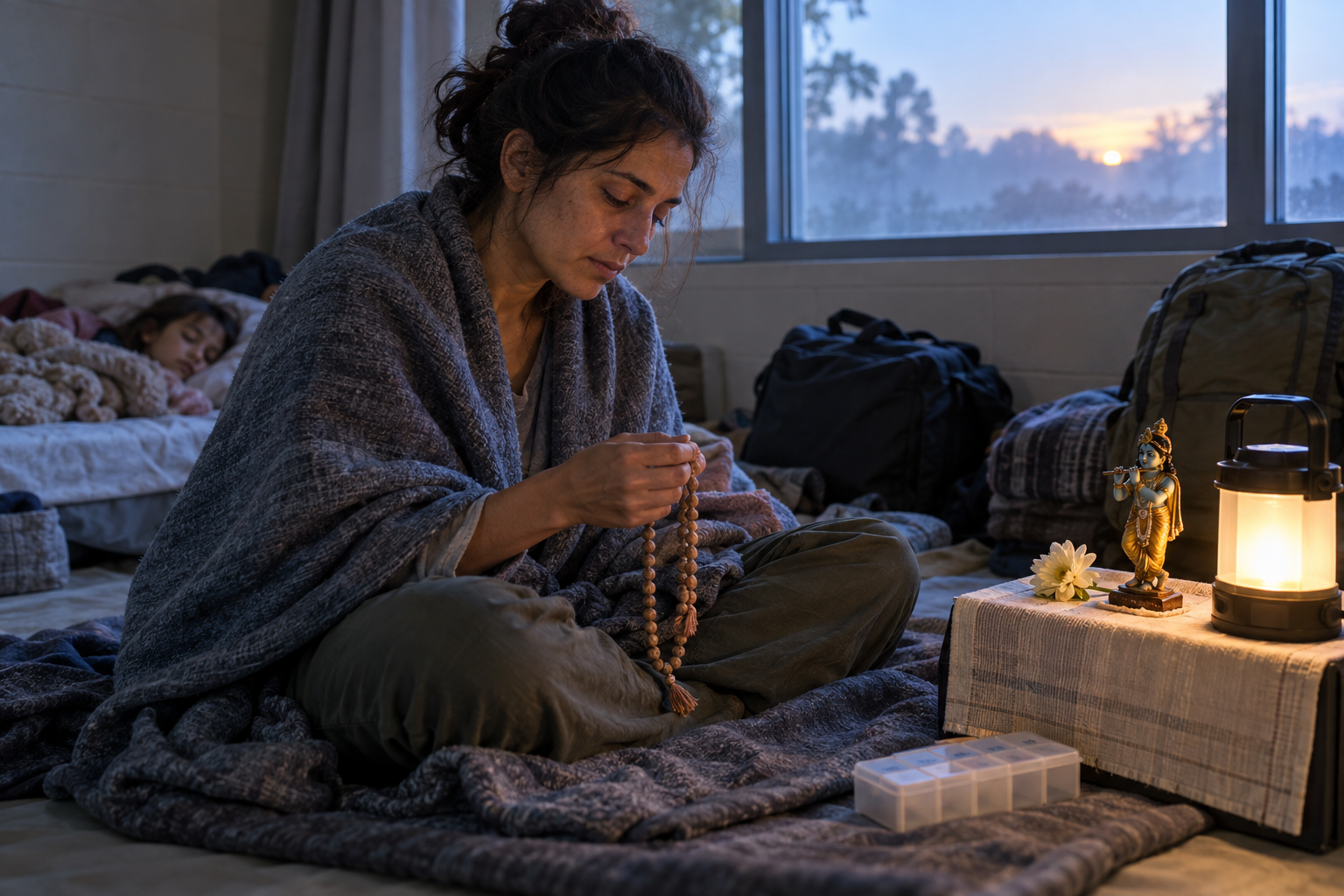 A displaced devotee chants with prayer beads at a simple travel altar while family belongings fill a temporary room.